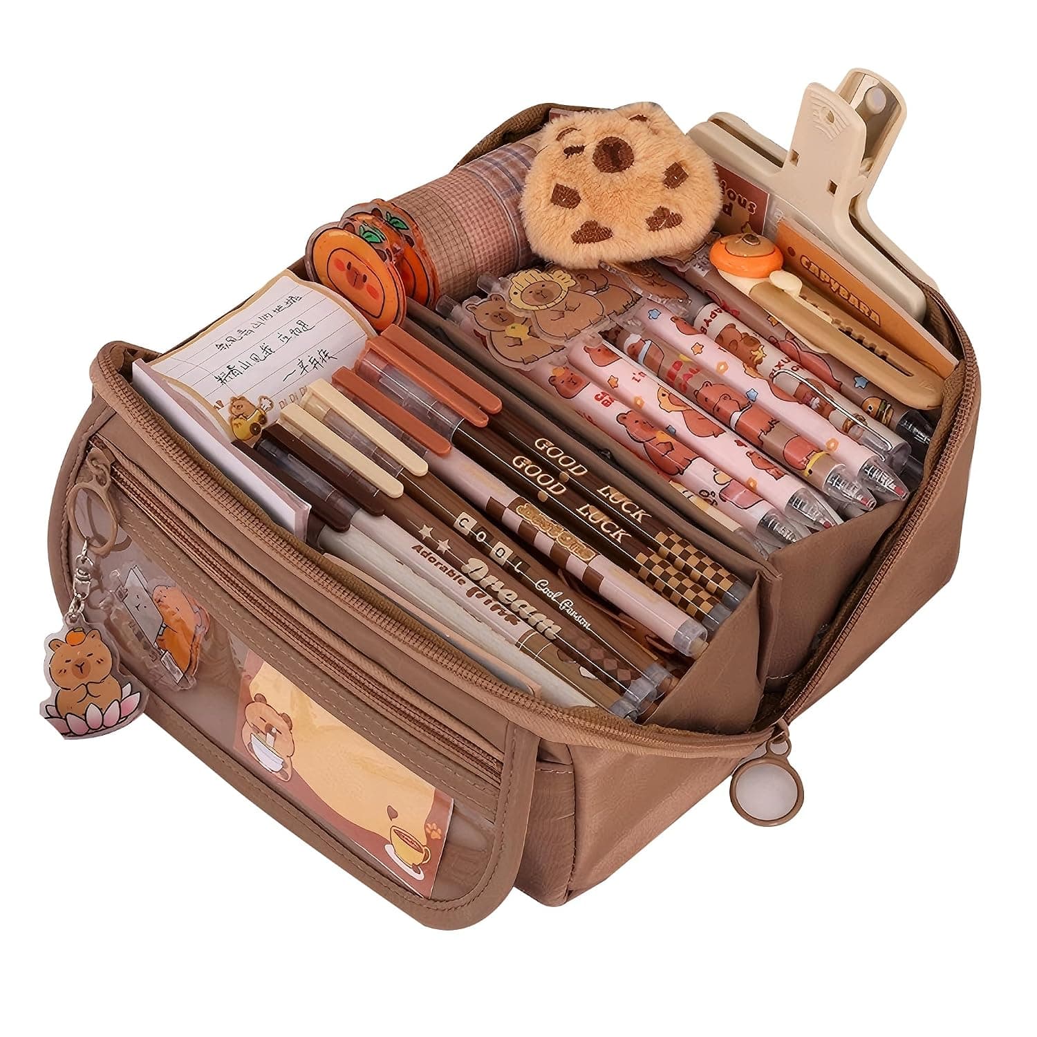 Large Pencil Pouch Big Pencil Case Big Capacity Aesthetic Pen Cosmetic Bag Pen Stationery Organizer Simple, College Office Home Travel Storage Bag (Brown)