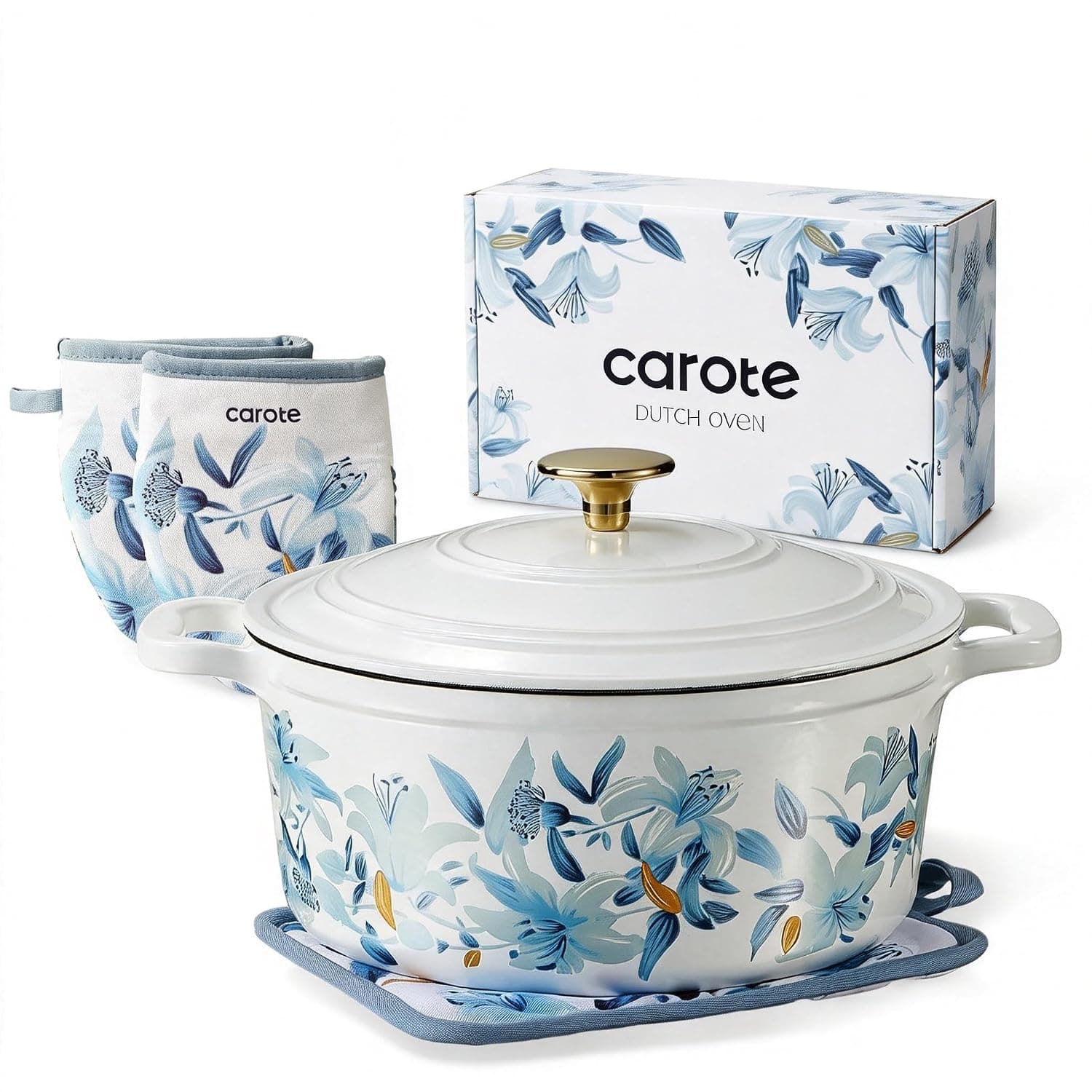 Carote 4.73L (5 QT) Floral Enameled Cast Iron Dutch Oven Pot – Gift Set with Potholders & Oven Gloves, Oven Safe, All Stovetops, PFOA Free, Non-Toxic, Sourdough Bread Baking & Braising, White & Blue | Sourdough Bread Baking with Cotton Potholders & Oven Gloves, Gift Box, Cookware for Braising, Oven Safe up to 500° F
