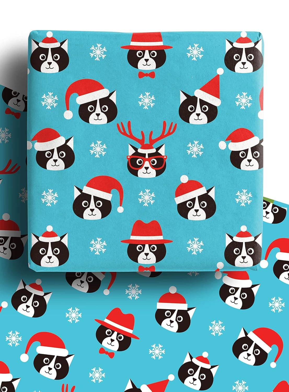 4 x Cat Christmas Wrapping Paper Sheets - Premium Recyclable Xmas Gift Wrap 70cm x 50cm Made in the UK from 100% Recycled Paper