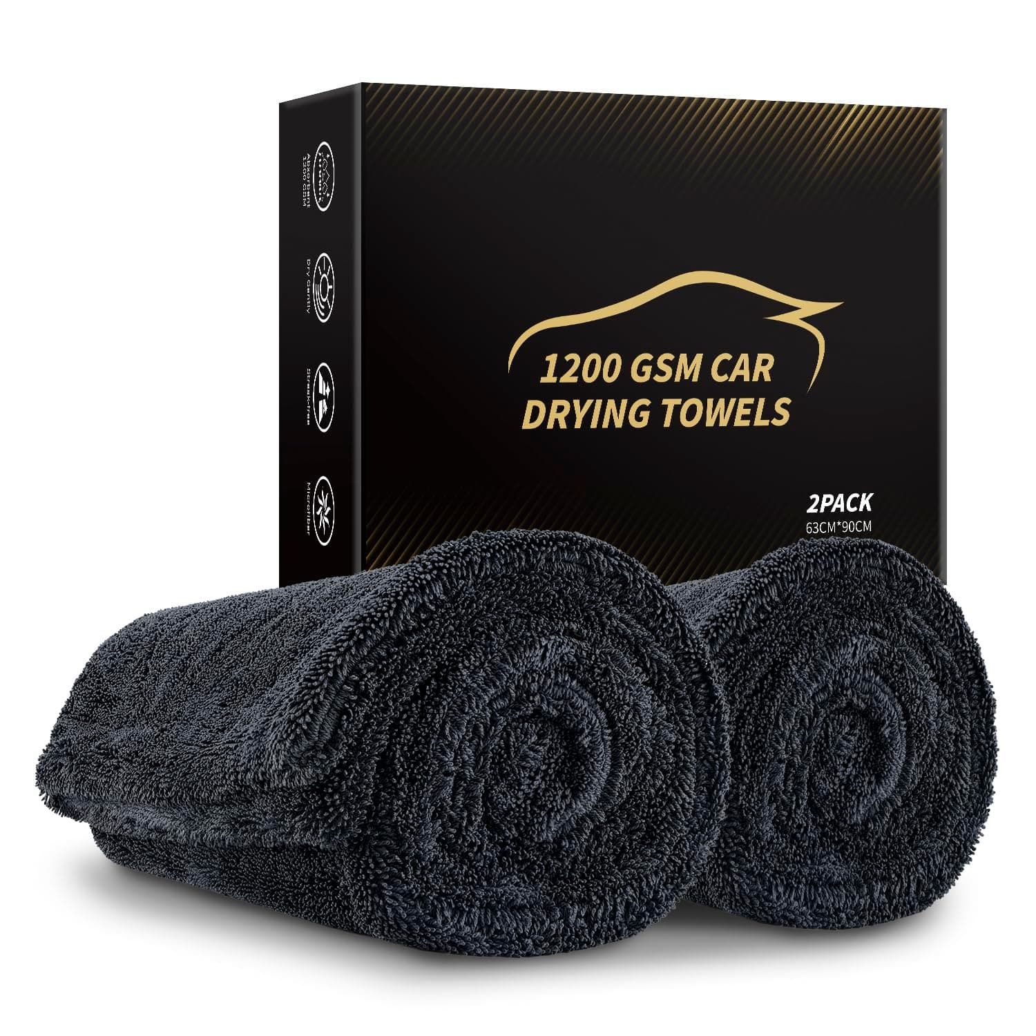 2 Pack Car Drying Towels 1200 GSM, Microfiber Car Towels, 91 cm x 64 cm, Ultra Absorbent, Streak Free, Braided Double Loop Cleaning Cloth (2 Pack, 64 cm x 91 cm)