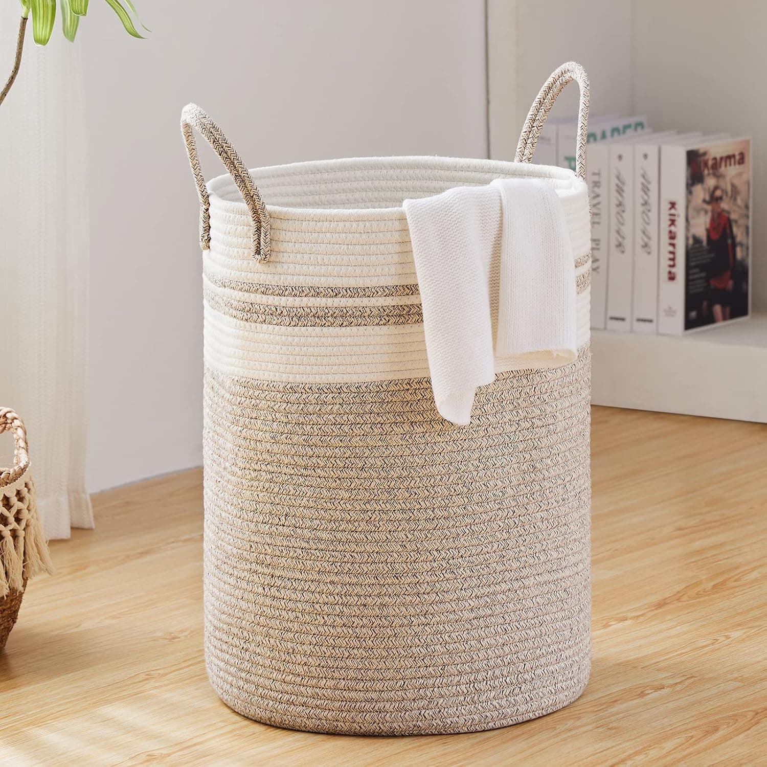 Fiona's magic 58L Large Woven Laundry Hamper by, Tall Cotton Rope Storage Basket, Jute Baby Nursery Hamper for Blankets, Toys and Clothes in Bedroom and Living Room Organizing, Brown & White