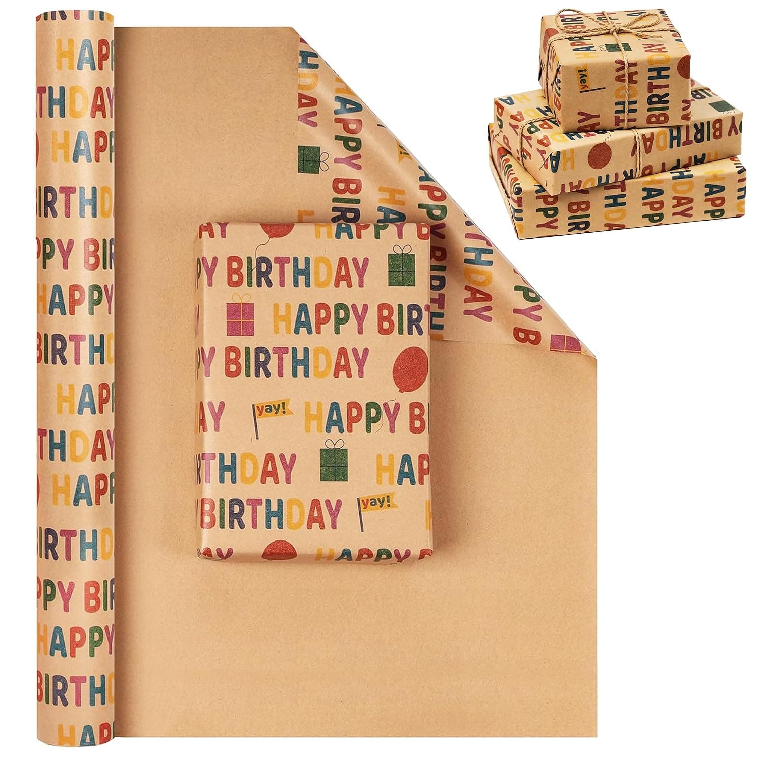 Tazweeq Birthday Wrapping Paper,Gift Wrapping Paper Roll,Kraft Wrapping Paper,Colorful Happy Birthday Pattern For Boys Girls, Perfect For Birthday Party, Baby Shower(43 cm X 300 cm Per roll)