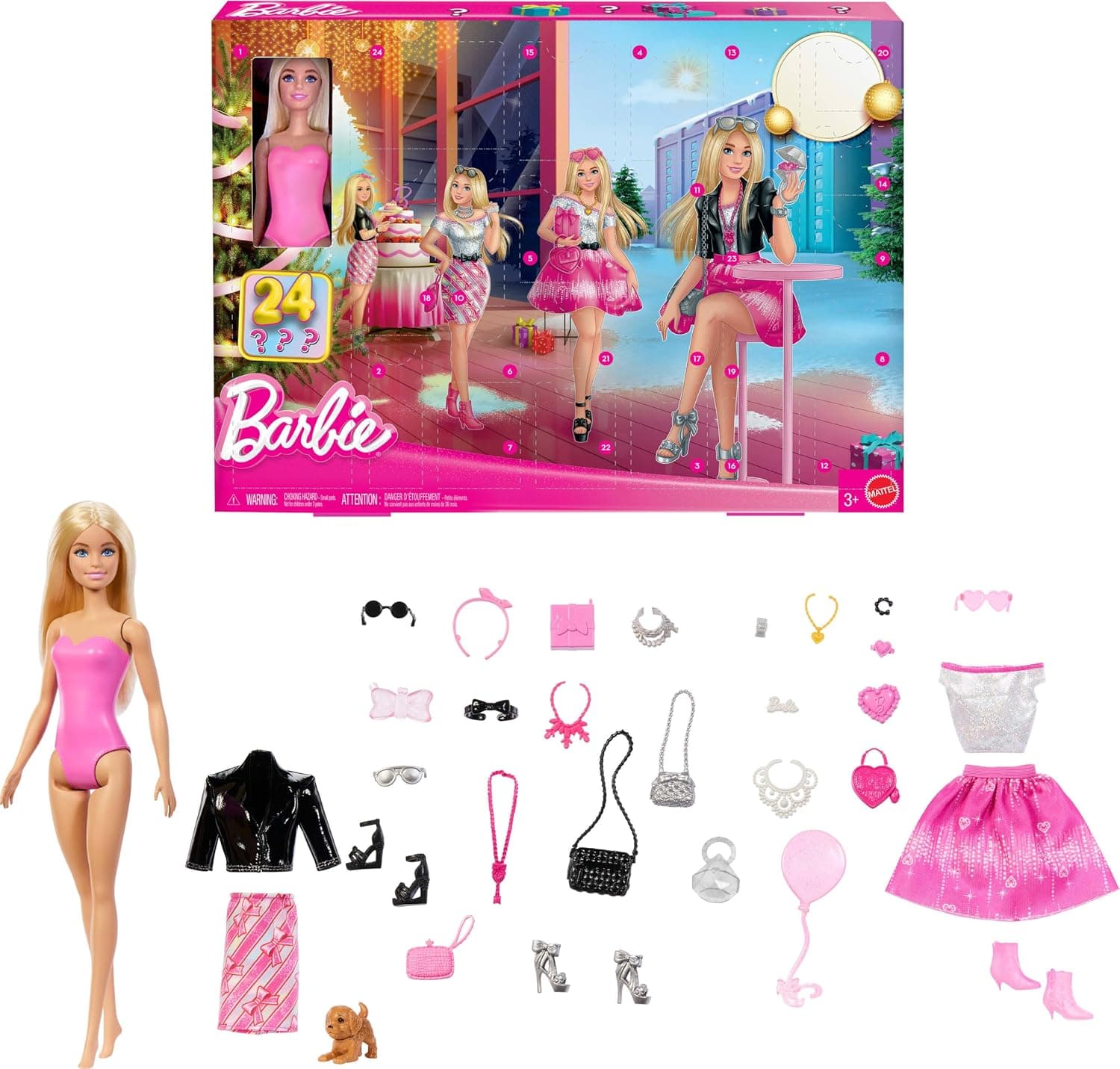 Barbie Doll Holiday Advent Calendar with 24 Clothing and Accessory Surprises Including Jacket, Skirt, Shoes, Purses, and a Pet Puppy, Blonde Doll | Blonde doll, puppy, 24 surprise clothes and accessories, from 3 years, JFL63