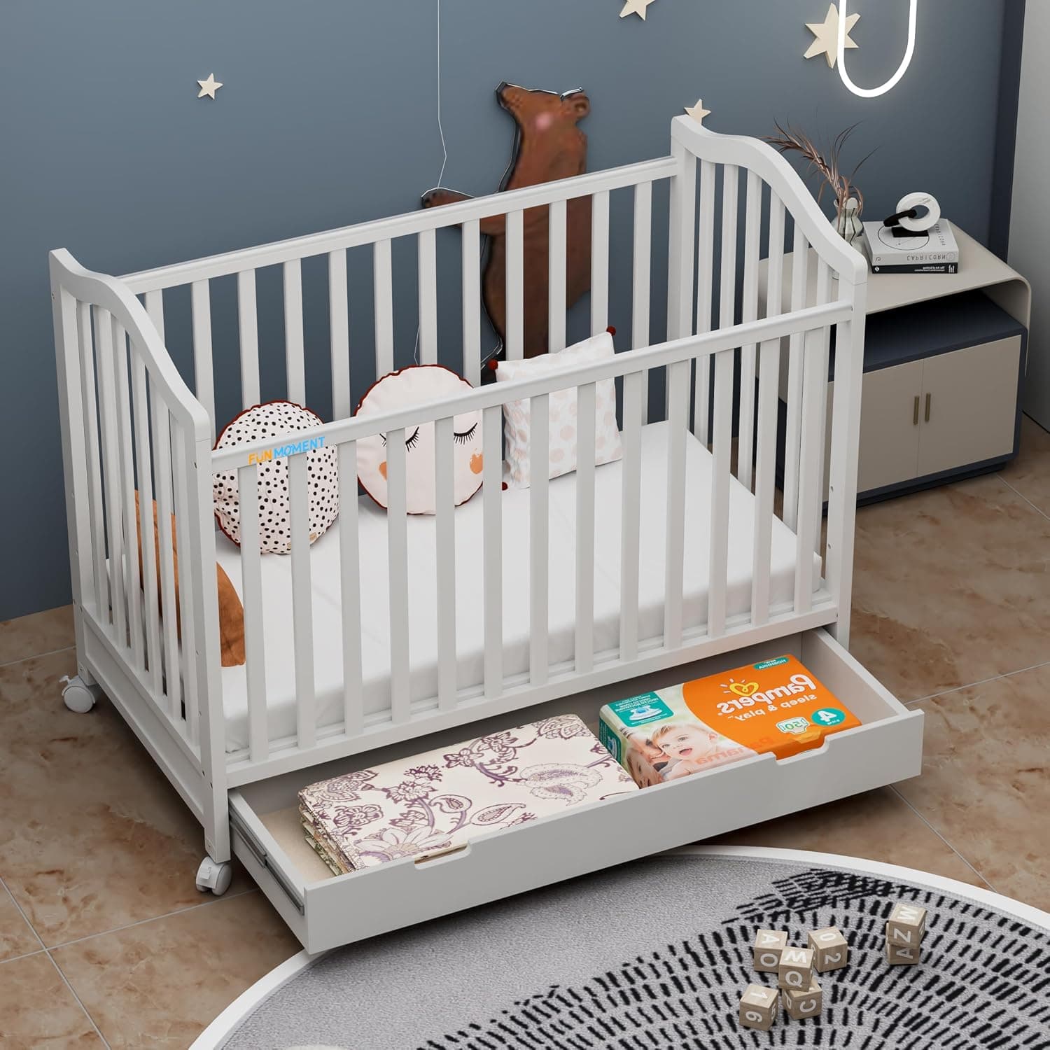 Fun Moment Baby Bed with Storage Drawer 120 x 60 cm, Adjustable Height Crib for Newborns and Toddlers