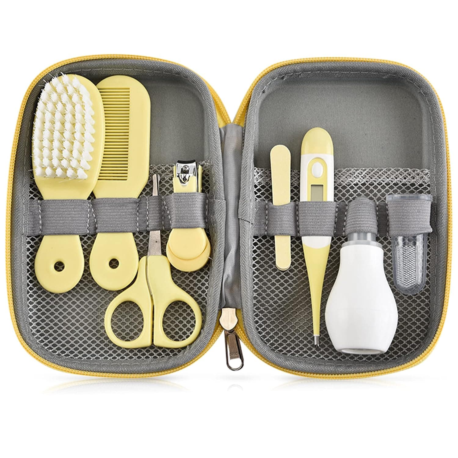 Neotimely Baby Grooming Kit, 8 in 1 Baby Safety Care Kit with Baby Brush Comb Nail Clipper Finger Toothbrush Scissors etc, Nursery Health Care Set for Newborns Infant(Yellow)
