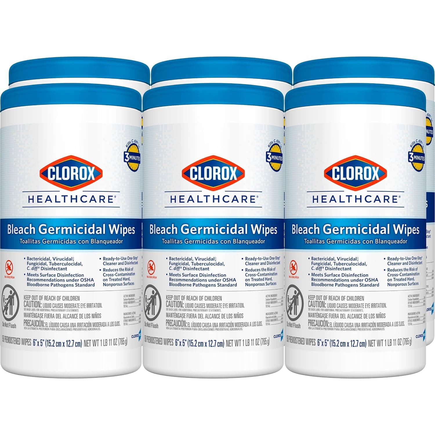 Clorox 30577 Healthcare Bleach Germicidal Wipes, 150 Count Canister - Pack of 6