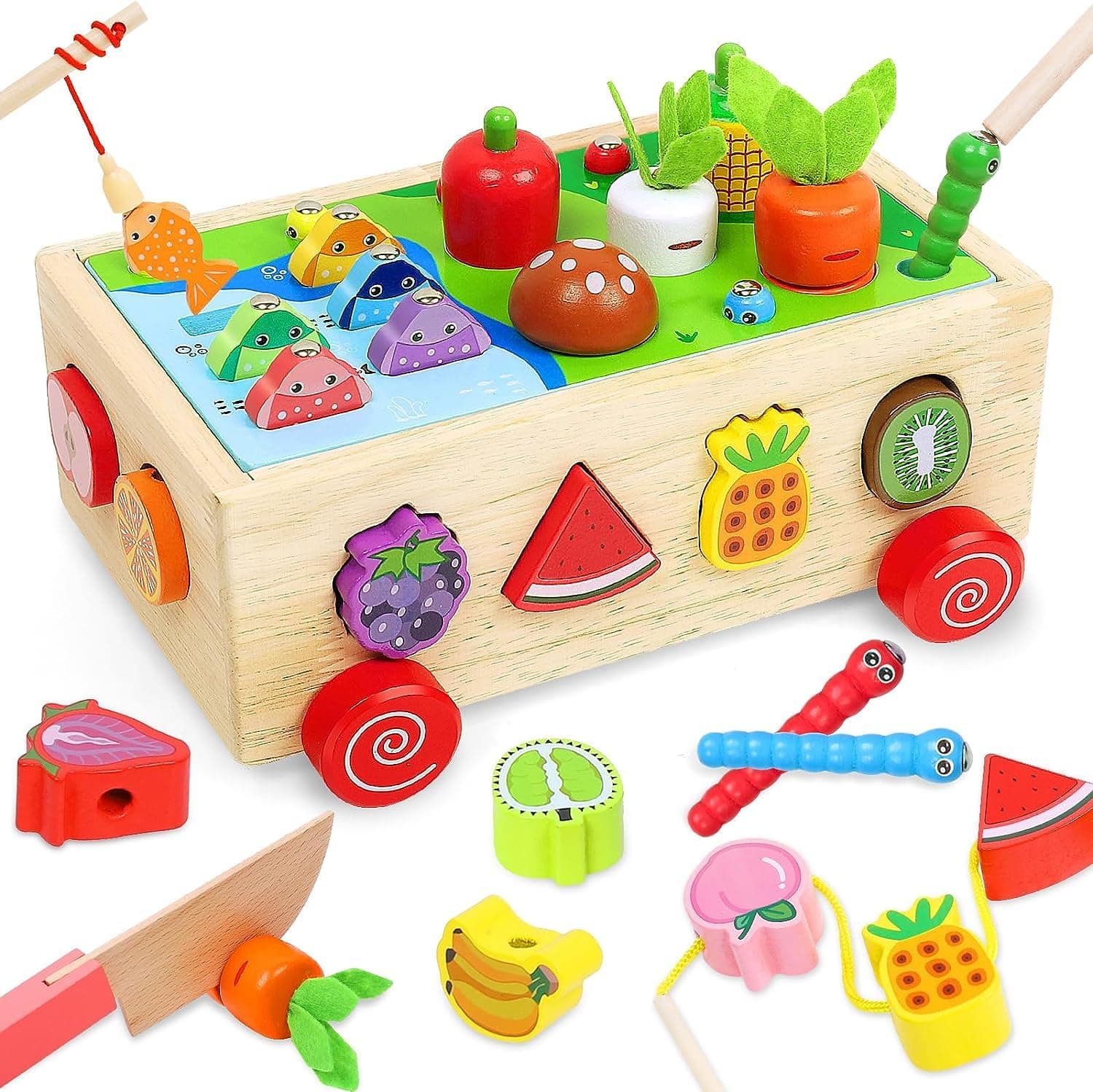 Soofam Montessori Toys for 3 Year Old,Wooden Activity Cube Educational Toys,Multifunctional Orchard Toy Car,Shape Sorter Baby Toy,Learning Sensory Toys,Fine Motor Skills Games