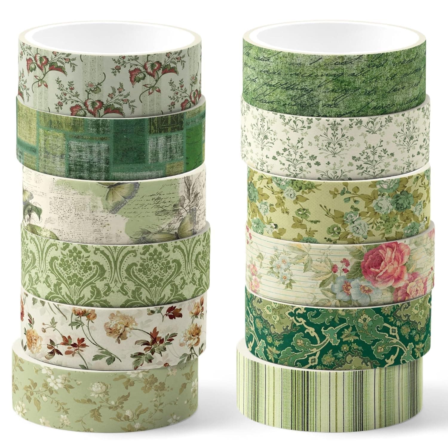 12 Pcs Vintage Green Floral Washi Tape, Flower Pattern Masking Tape Roll, Decorative Paper Sticker for Spring DIY Crafts, Gift Wrapping, and Journal Décor