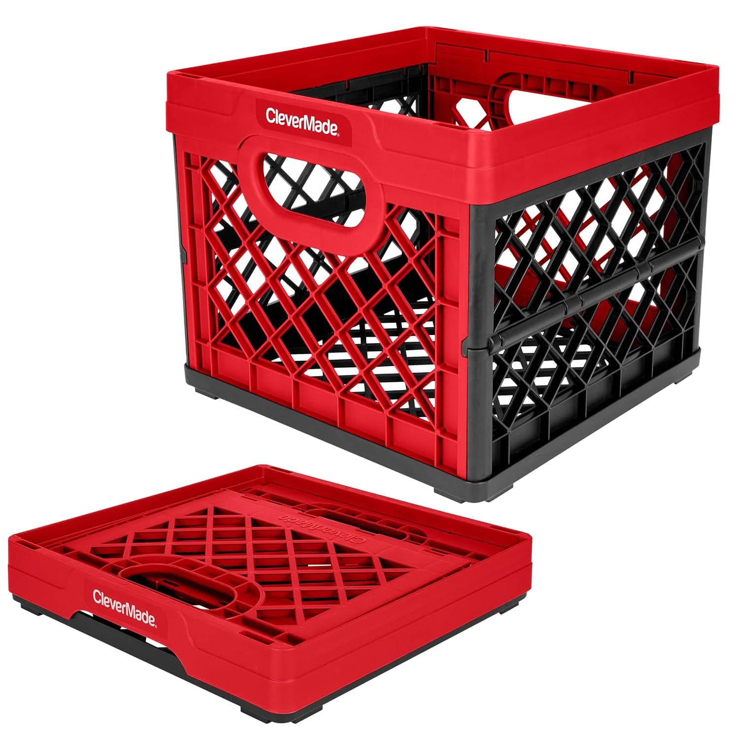 CleverMade Plastic Collapsible Milk Crates - 25L, Pack of 1 in Red - Stackable Storage Bins, Holds 50lbs Per Bin - Clevercrates are Heavy Duty, Collapsible Storage Crate for Multi Purposes