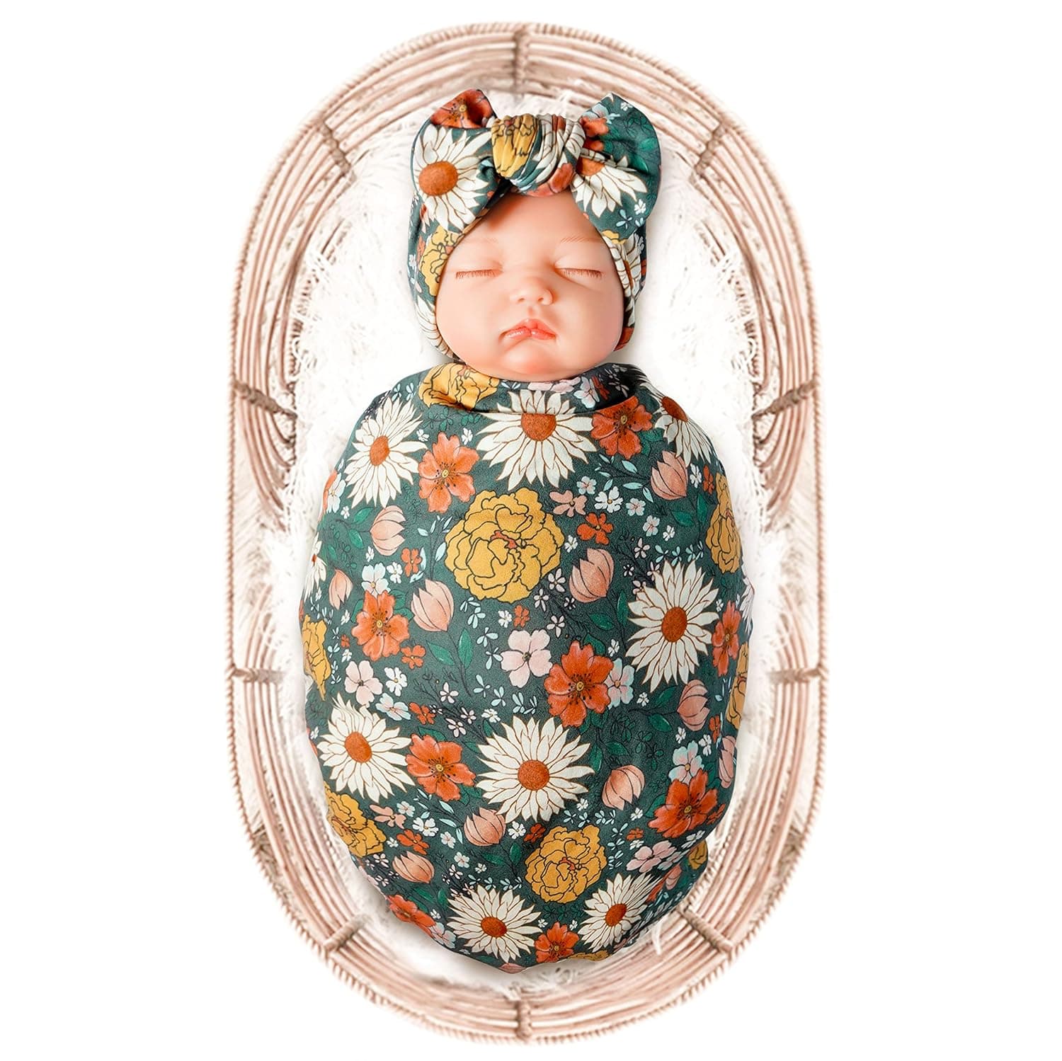 Konssy Baby Girl Newborn Receiving Blanket with Headband Set Baby Swaddle Floral Motif Nursery Swaddle Wrap (Green) | Buttery Soft & Stretchy, Baby Girl Bow Headband, Newborn Photoshoot & Coming Home Outfit, Newborn Essentials (Green)