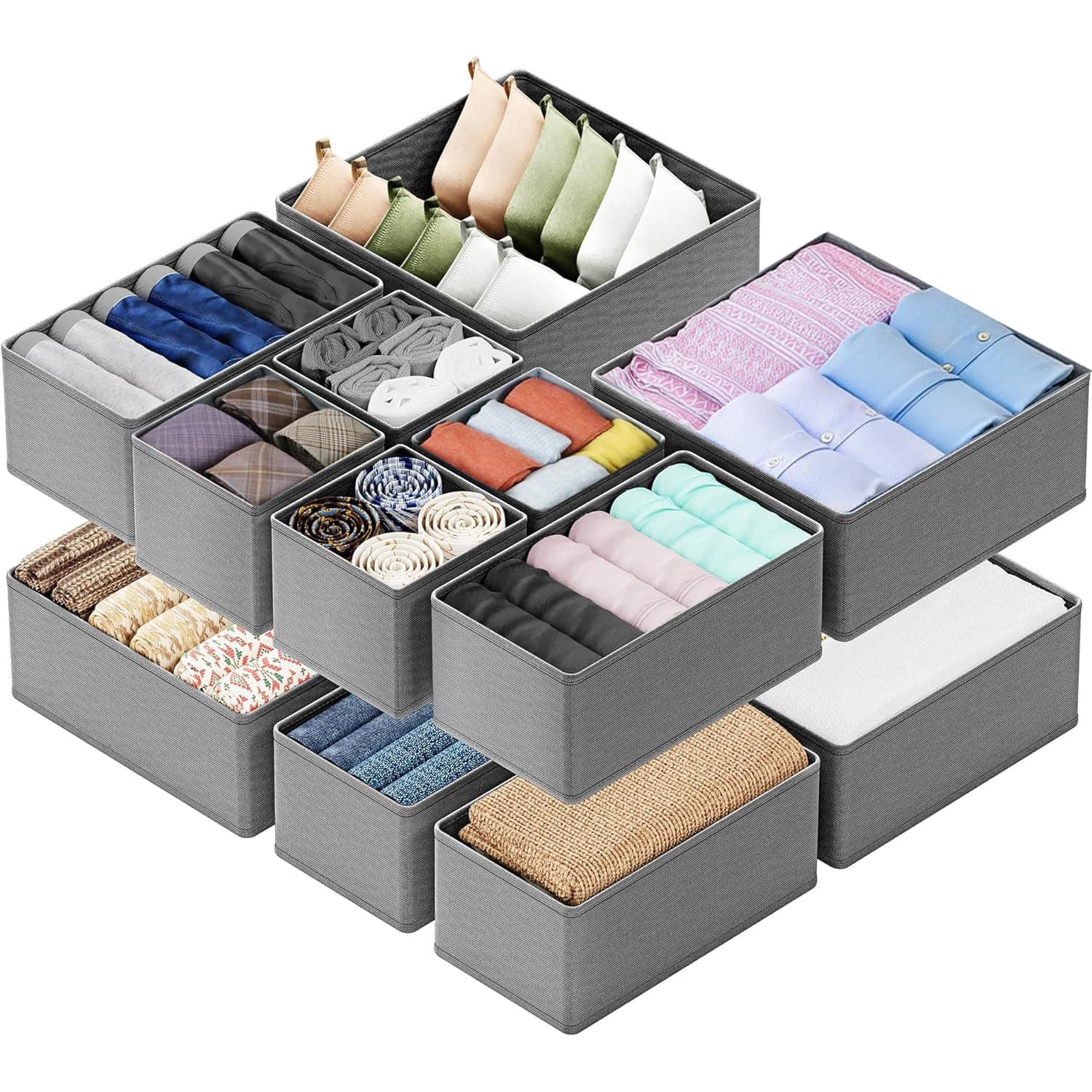Winsoyya Cloth Drawer Storage Organizer Boxes, Set of 12, Dresser Organizer for Nursery Bedroom Closet Organization, Foldable Drawer Divider for Clothing,Sock, Bra, Underwear, Panties, Ties (Gray)