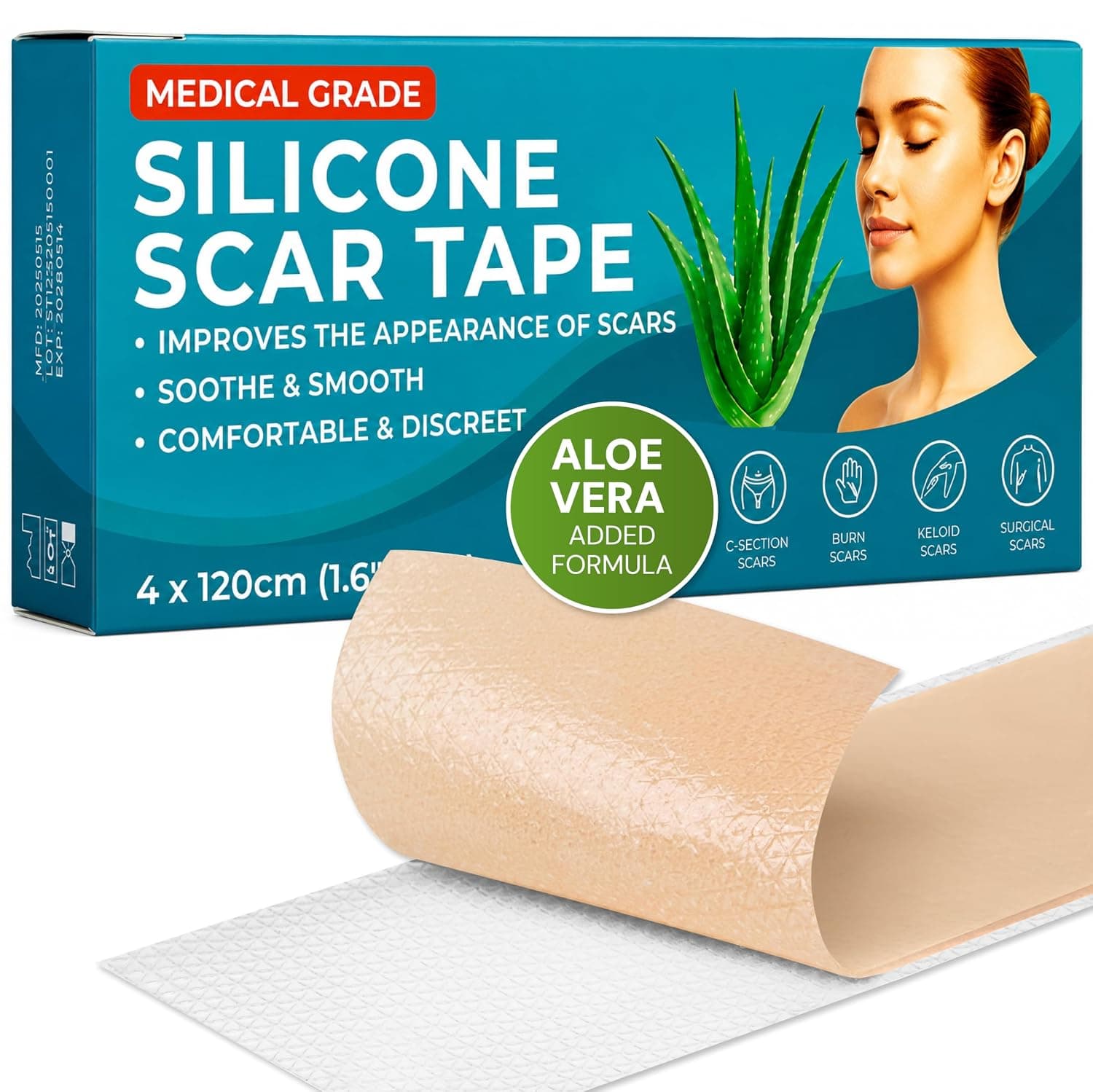 Aloe Vera Medical Grade Silicone Scar Sheets for Surgical Scars, Silicone Scar Tape | 4cm x 1.2M | Silicone Sheets, C-Section, Tummy Tuck, Breast Surgery, Keloid Scar Care