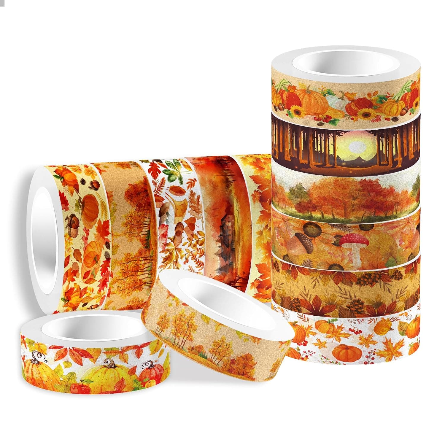 12 Rolls Fall Washi Tape, 15mm x 5m Thanksgiving Autumn Decorative Tape Set | Pumpkin Maple Leaves Acorn Mushroom Forest Patterns for Scrapbooking Journaling DIY Craft Gift Wrapping and Autumn Decor Tape