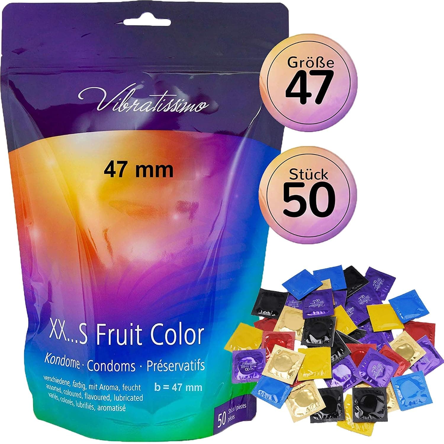 VIBRATISSIMO Fruit Color Condoms Pack of 50 | Sensitive & Extra Wet | for Men | Reclosable Bag | Multicolor | Extra Thin | b=47mm