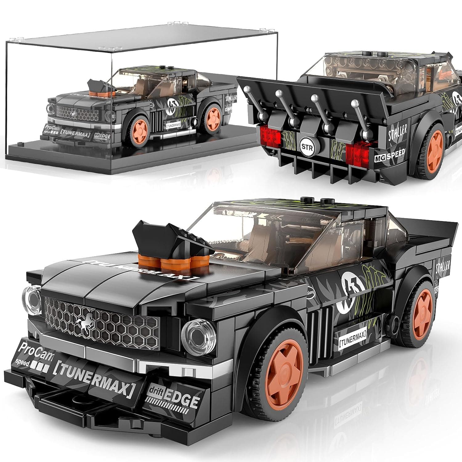 Mould King 27024 Mustang Speed Champion Car Building Blocks Set,with Acrylic Display Case Model Race Car Toy Building Blocks Kit, Collectible Racing Vehicle Set for Kids Age 8+ Teens Adults(408 PCS)