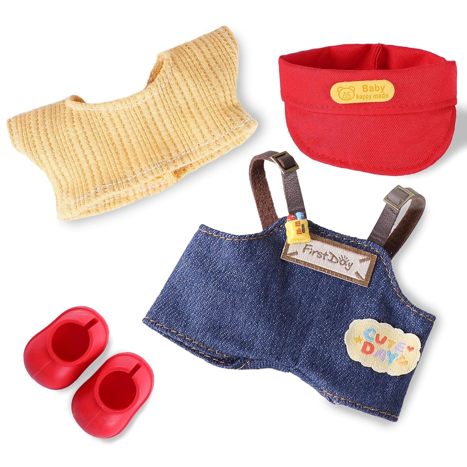 4-Piece Doll Clothes Set for 17cm Plush Dolls, Includes Hat T-Shirt Bib Pants and Shoes, Fashionable Miniature Outfit Accessories for Articulated Figures, Fits 6.7 Inch Collectible Models