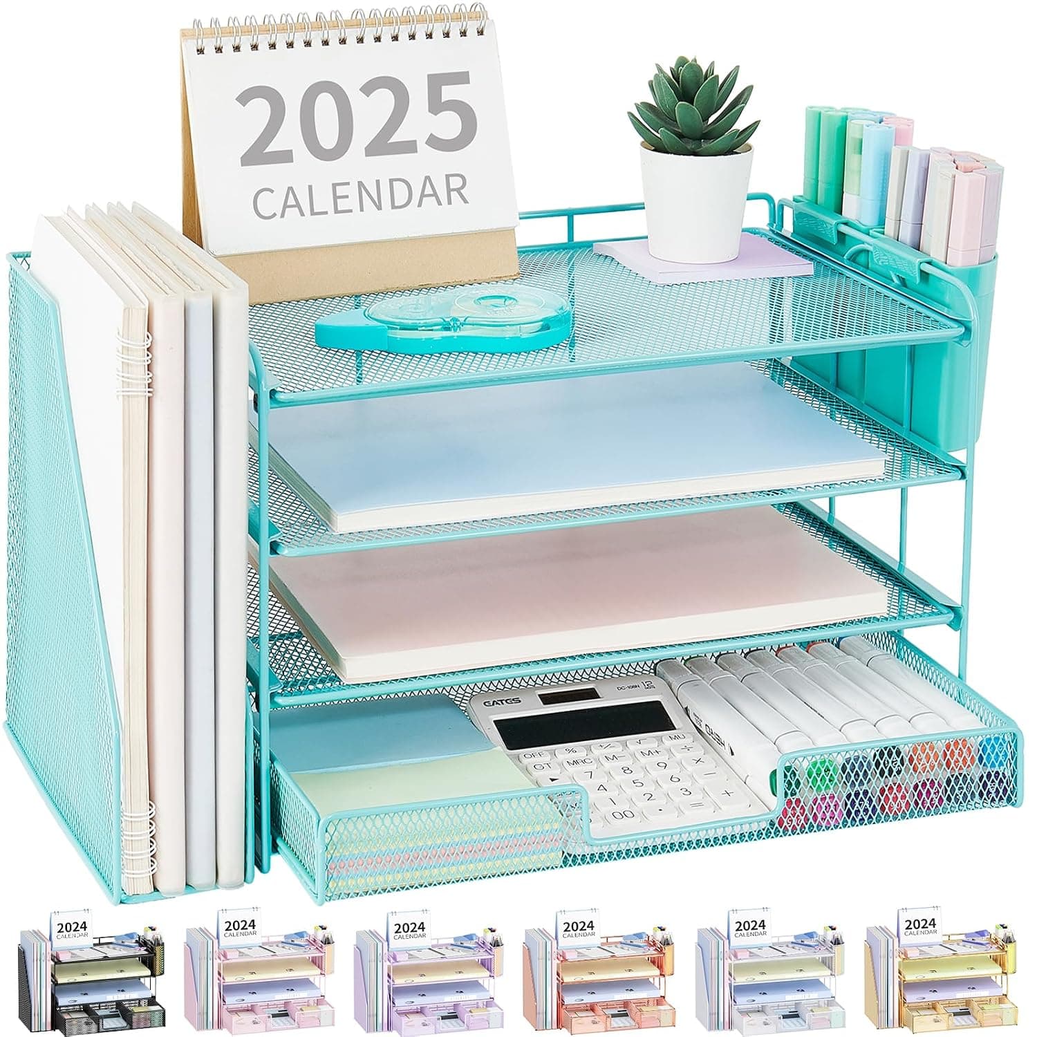 OPNICE Desk Organizer, 4-Tier Desktop File Organizer with Drawer and Pen Holders, Office Desk Accessories, File Sorters, Workspace Organizers for Office Supplies(Teal Blue)