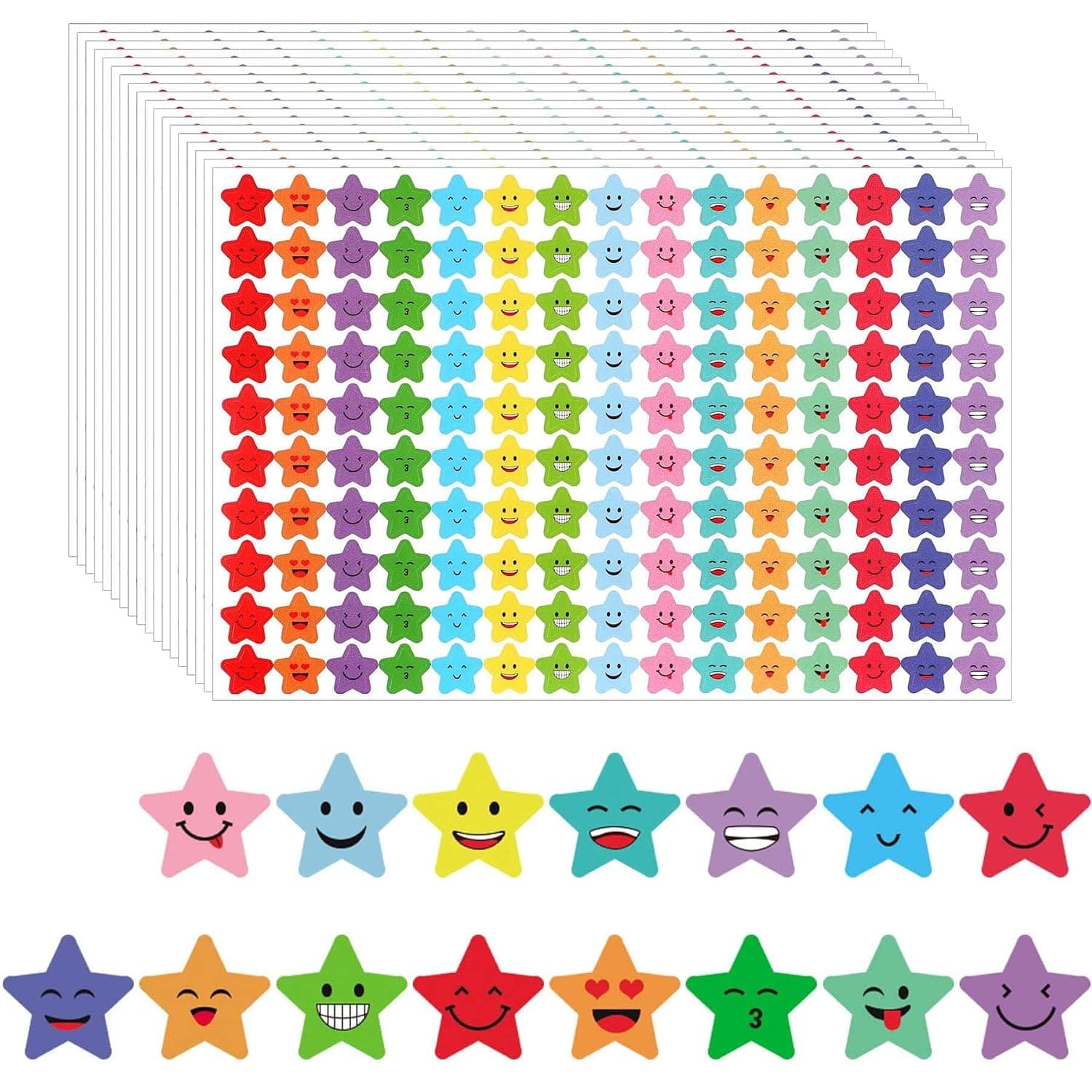 ALMEKAQUZ 7500Pcs Star Stickers, 15 Designs Happy Smile Face, Holographic Small Star Stickers for Kids Reward, Behavior Chart, School Classroom Student Teacher Supplies