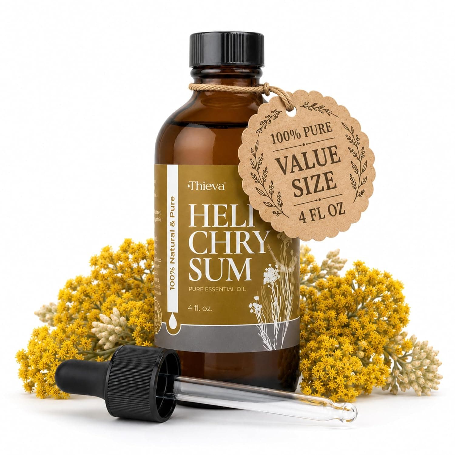 THIEVA Helichrysum Essential Oil 4 oz (118 ml) – 100% Pure and Natural Non-GMO Helichrysum (Gymnocephalum) Oil for Aromatherapy, Focus, and Relaxation | GC/MS-Tested Helichrysum Gymnocephalum Oil for Aromatherapy, Diffusers, Massage, Focus and Relaxation