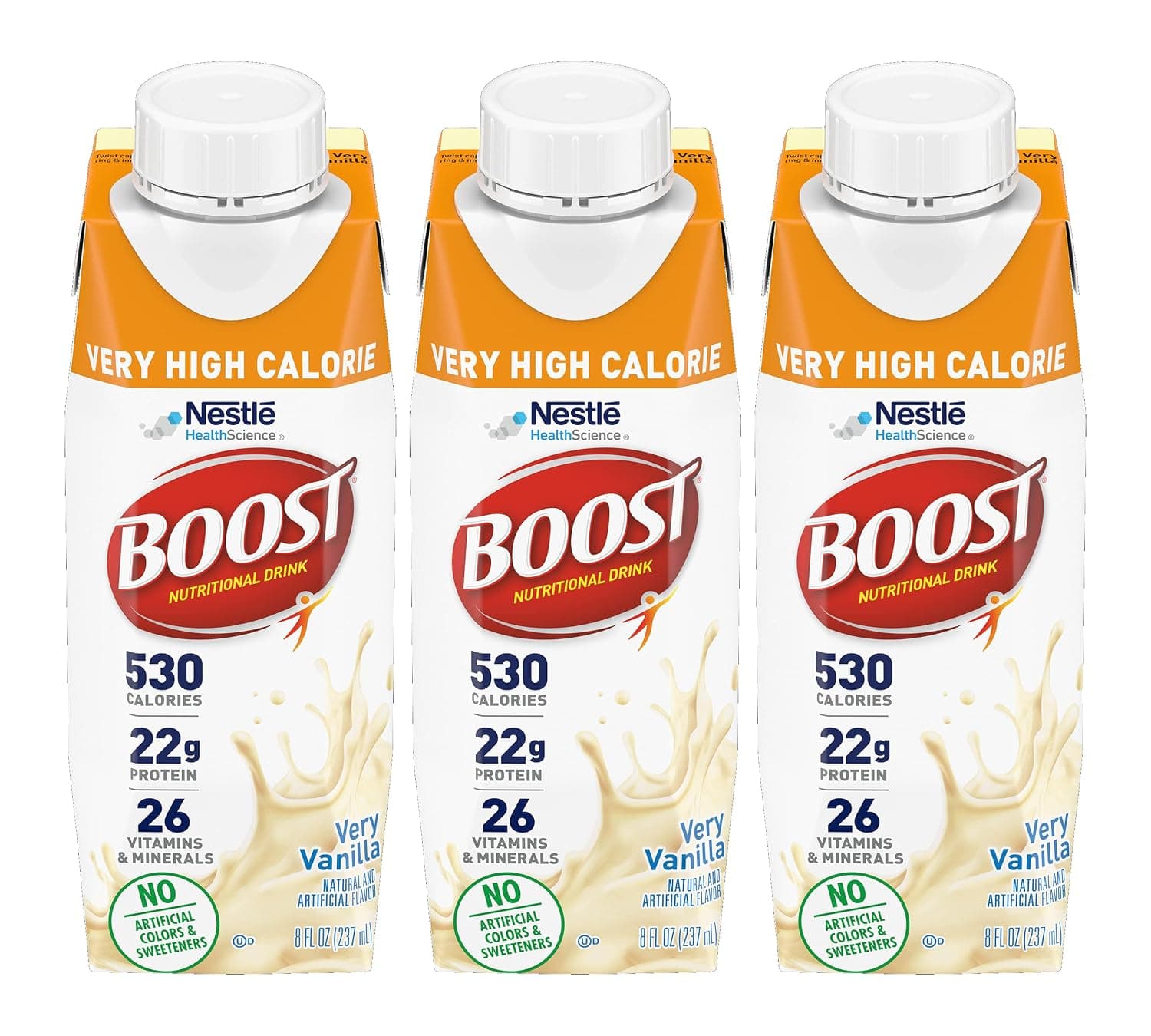Boost Very High Calorie Nutritional Drink, Very Vanilla - No Artificial Colors or Sweeteners, 8 Fl Oz (Pack of 3)