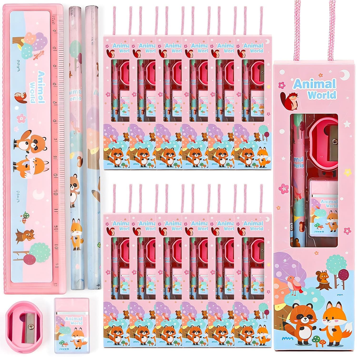 Andanna 12 Boxes Stationery Set for Kids,Back to School Supplies Kit with Pencils, Erasers, Rulers & Sharpeners,stationary set for Students,Paint Party Supplies, Party Favors for Kids (Fox animal)