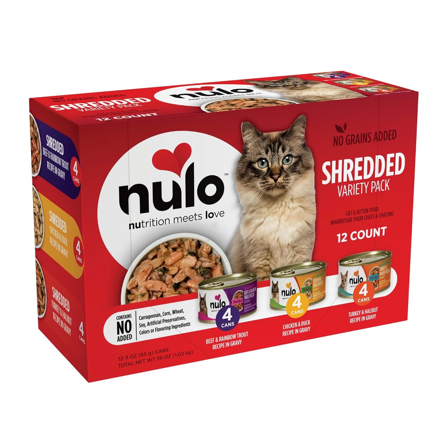 Nulo Freestyle Shredded Canned Wet Cat Food Variety Bundle - 3 oz. - 3 Flavors - Chicken & Duck, Beef & Rainbow Trout, and Turkey & Halibut (12 cans count)