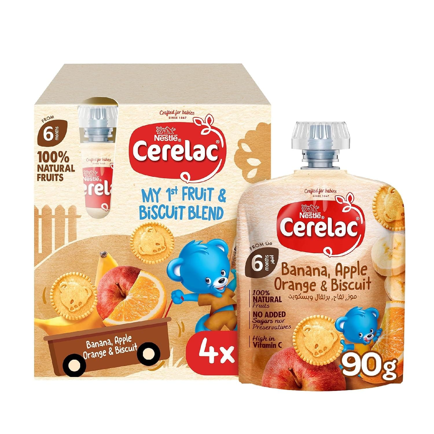 Nestle Cerelac Fruits Puree Pouch in Banana, Orange & Biscuit Flavor (90g, Pack of 5)