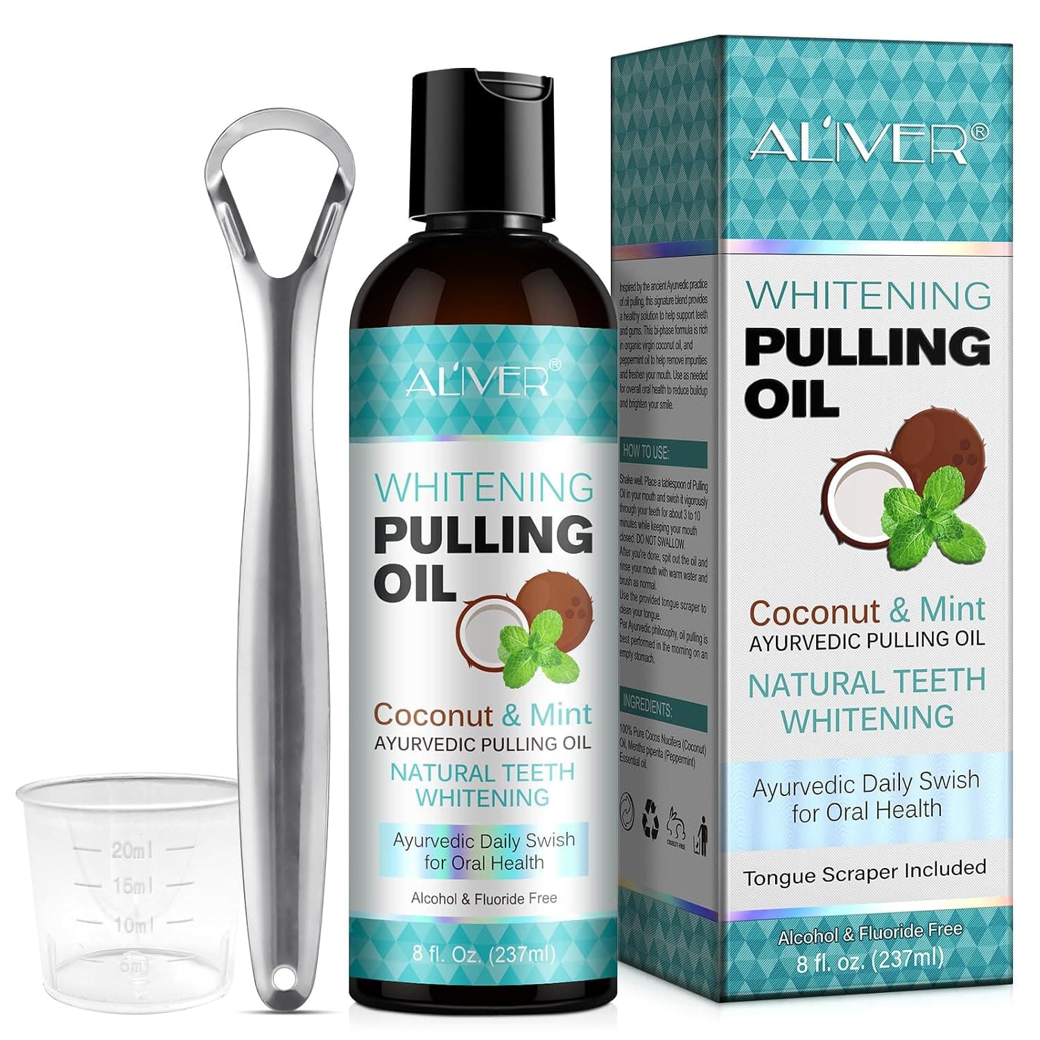 Pulling Oil with Coconut Peppermint, Mouthwash for Oral Care-Teeth Whitening and Fresh Breath, Organic Essential Oils Mouthwash With Tongue Scraper Alcohol-Free, Treatment for Gums (237ml)