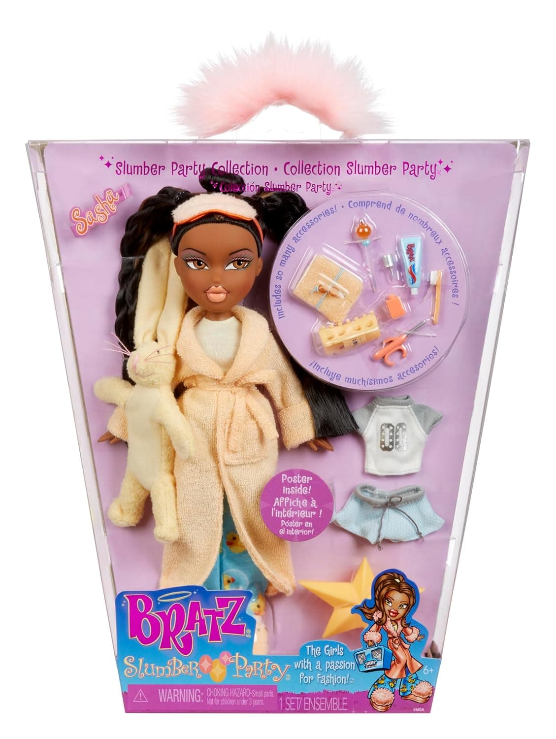 Bratz Slumber Party Sasha Fashion Doll with 2 Sets of Pyjamas, Plush Toys and Accessories - For Kids and Collectors