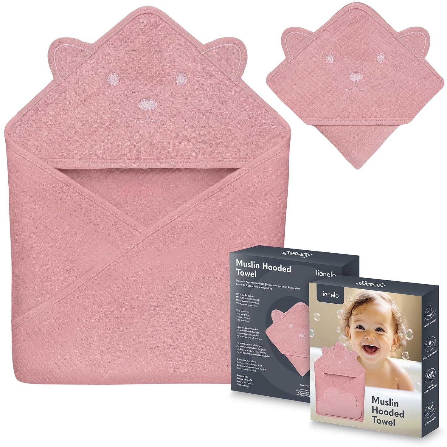 Lionelo Baby Hooded Towel 100% Natural Muslin Cotton 80x80cm Absorbent Bath Towel with Hood for Newborns & Toddlers 6 Colours Soft & Breathable, Swaddle Muslin, Nursery Blankets (Pink, 80x80 cm) | Soft and Absorbent, Safe for Sensitive Skin, Quick Drying, Breathable, with Embroidered Animal Cap, 6 Colors Available