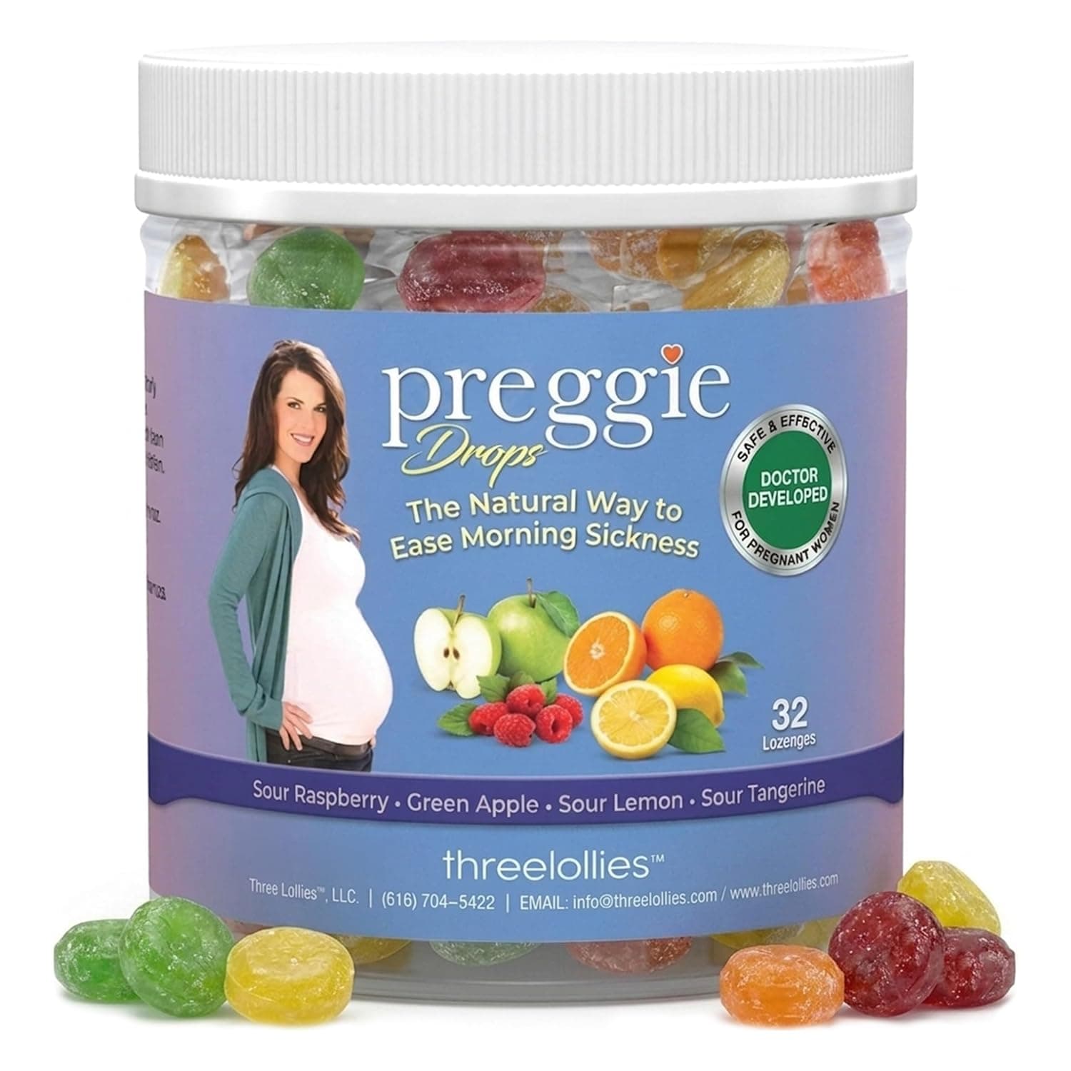 Three Lollies Preggie Pop Drops Pregnancy Nausea Relief Morning Sickness Candy with Essential Oils for Pregnant Women – Natural Flavor Variety Pack, 32 Count