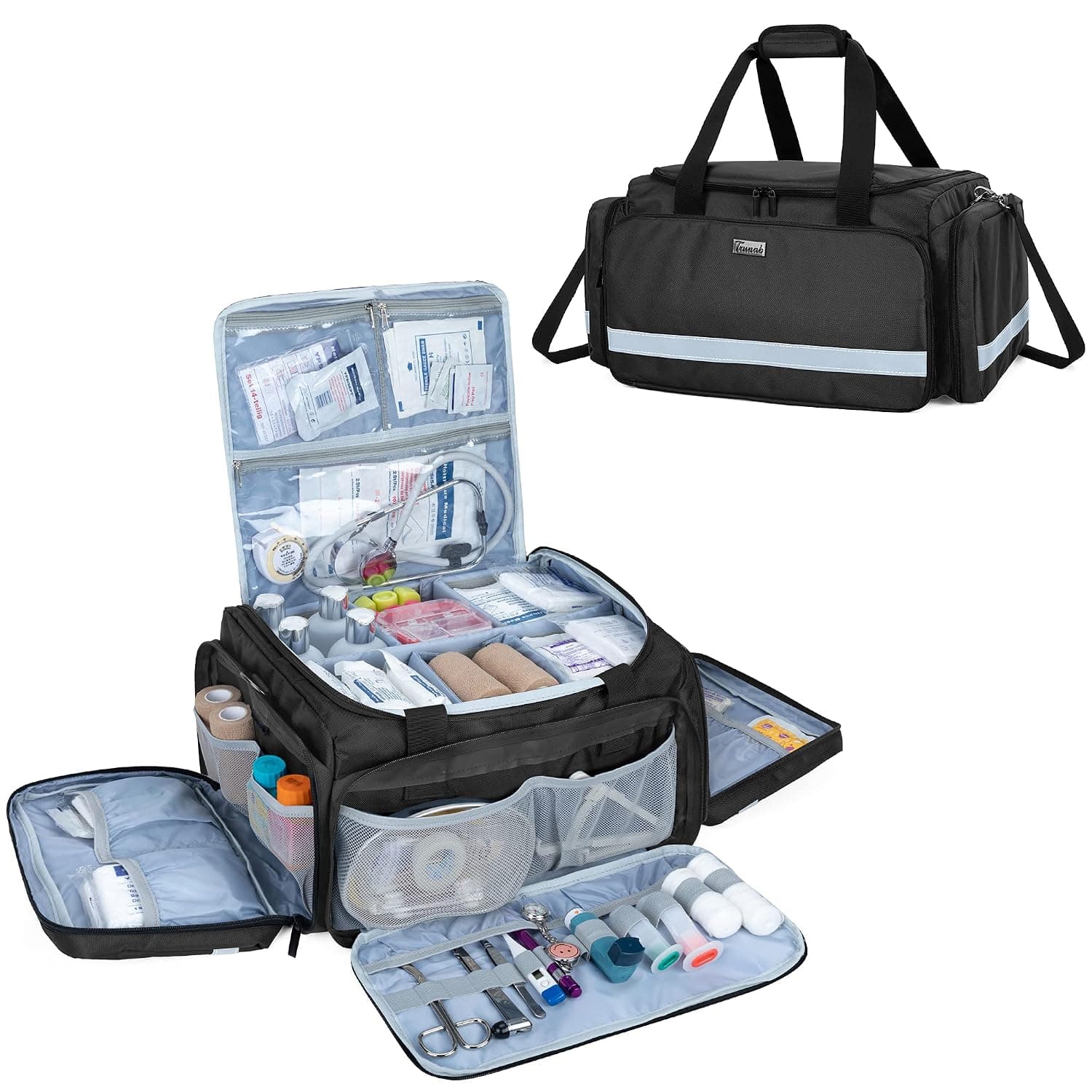 Trunab First Responder Bag Empty, Professional Medical Supplies Bag First Aid Kits Bag with Inner Dividers for Home Health Nurse, Community Care, EMT, EMS, Bag Only, Black - Patented Design