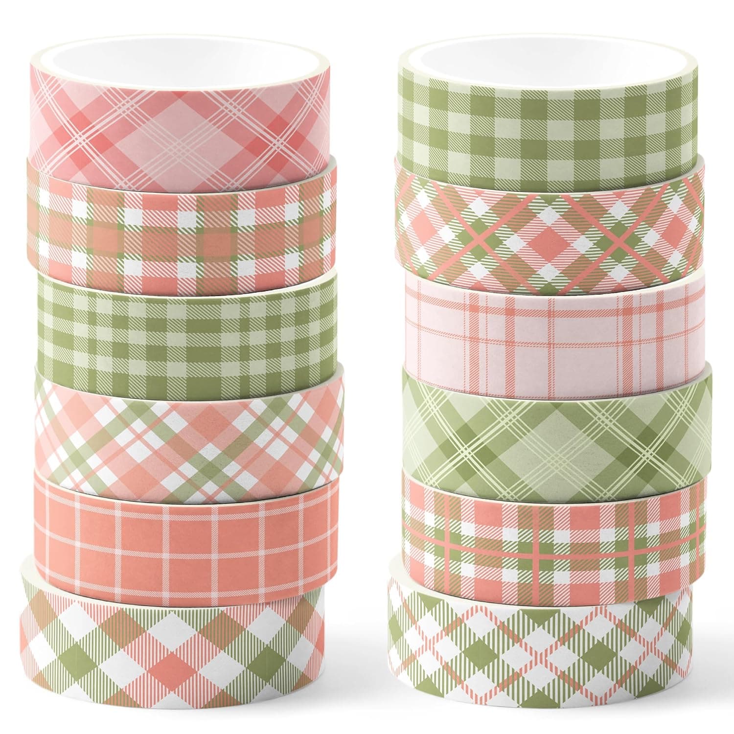 Pale Green Checks Washi Tape Set 12 Rolls, 15mm x 5m Decorative Masking Tape, Plaid Gingham Checkered Pattern Assorted Pink Green White for DIY Crafts Scrapbooking Journaling Gift Wrapping