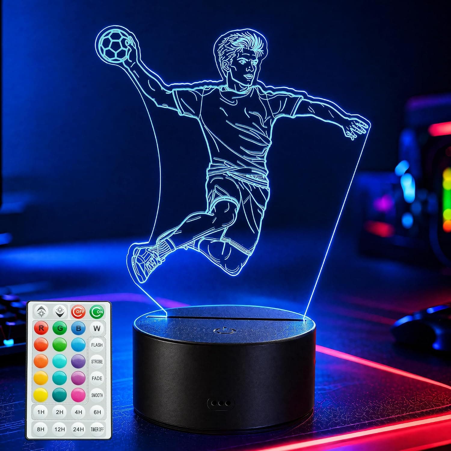 Handball Night Light, Handball Gifts for Kids, 3D Illusion Lamp with Remote Control and 16 Color Changing RGB Lights, Portable Kawaii Bedside Lamp for Boys and Girls