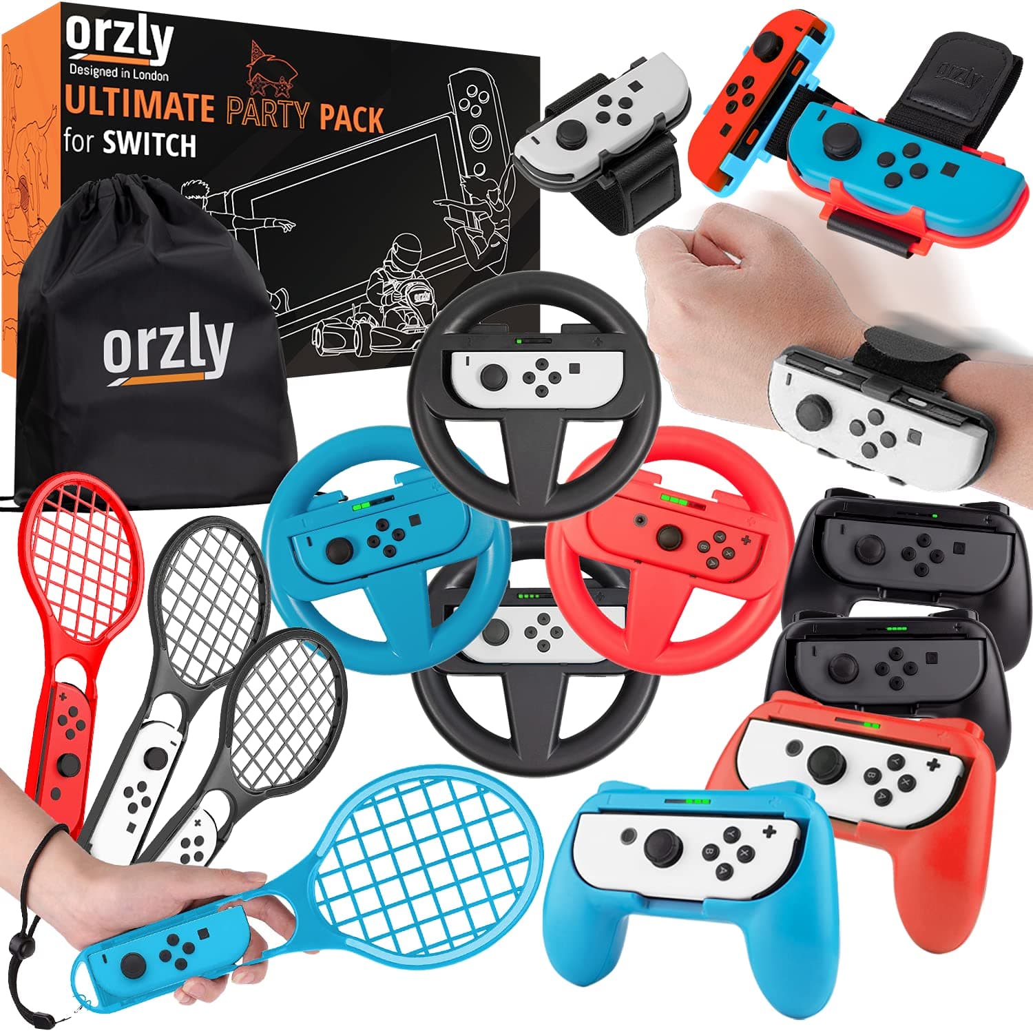 Orzly Family Sports Party Pack Accessories Bundle for Nintendo Switch and Switch OLED Console Games - Switch Wheels, Tennis Badminton Rackets, Controller Grips & Just Dance Wrist Bands w/ Carry Bag