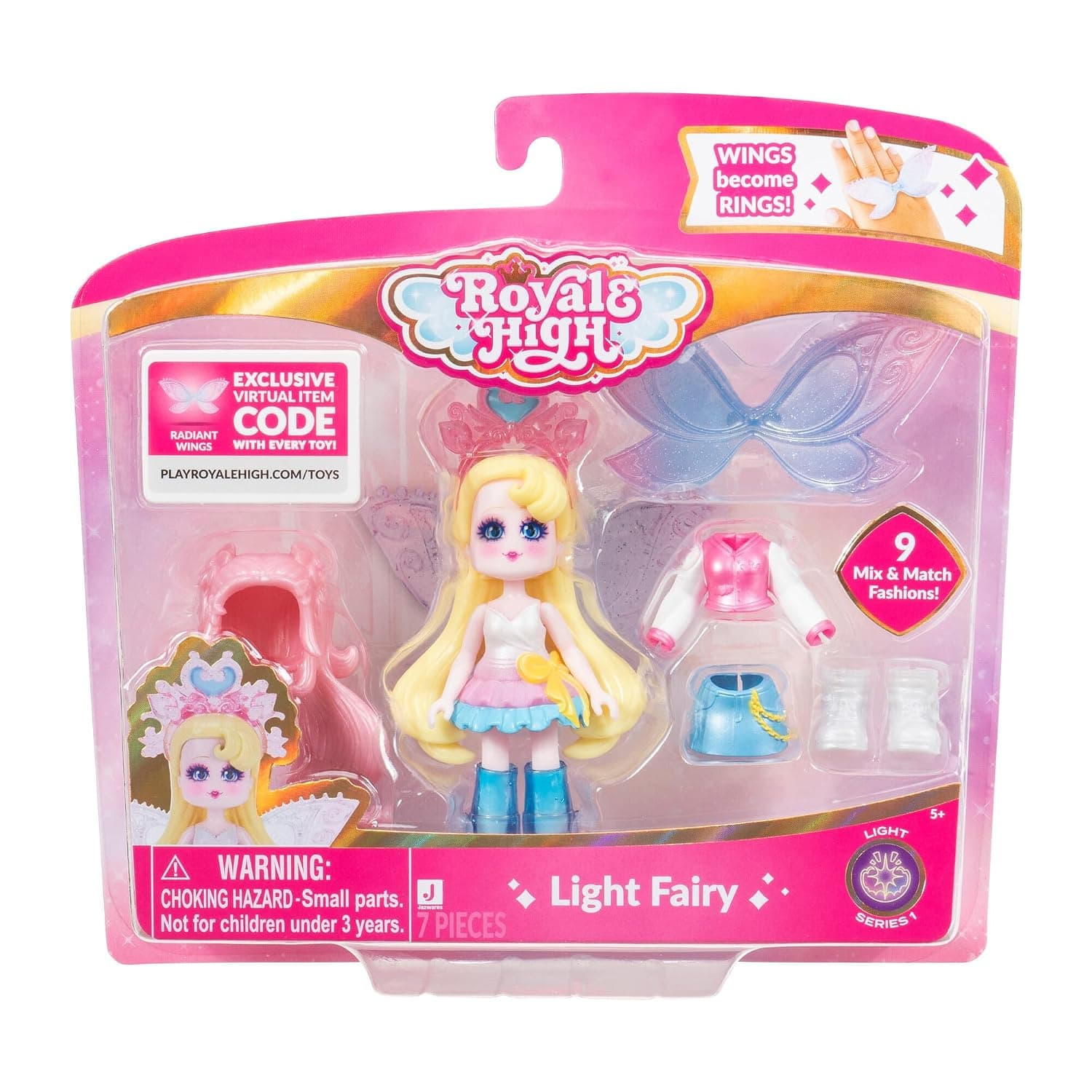Jazwares Royale High 3” Light Fairy Fashion Doll - 1 Figure with 9 Fashion Accessories - Virtual Item Code Included - Series 1 - Ages 5+