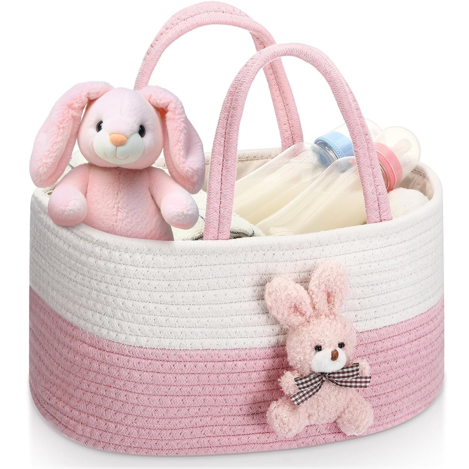 LEFAFA Baby Diaper Caddy, Cotton Rope Baby Diaper Nursery with Handle, Portable Diaper Organizer for Changing Table, Baby Shower Gifts for Boy or Girl Newborn (Rabbit)