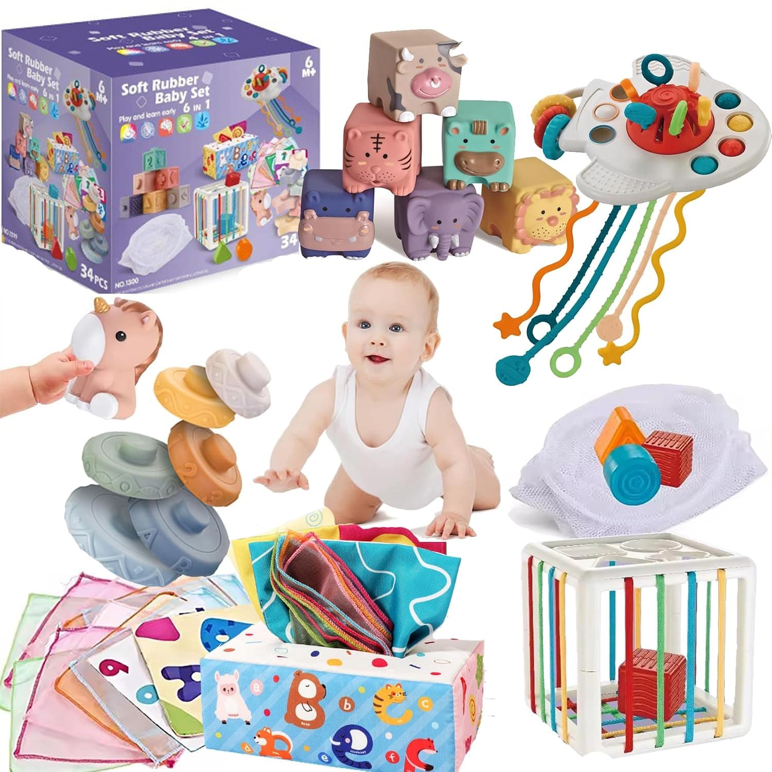 Andanna Montessori Toys for Babies 36 Months, 6 in 1 Baby Toys Infant Sorter Sensory Bins Toys for Toddlers,Stacking Blocks Silicone Pull String Teething Toys Pull String Toy for Boy&Girls 34pcs