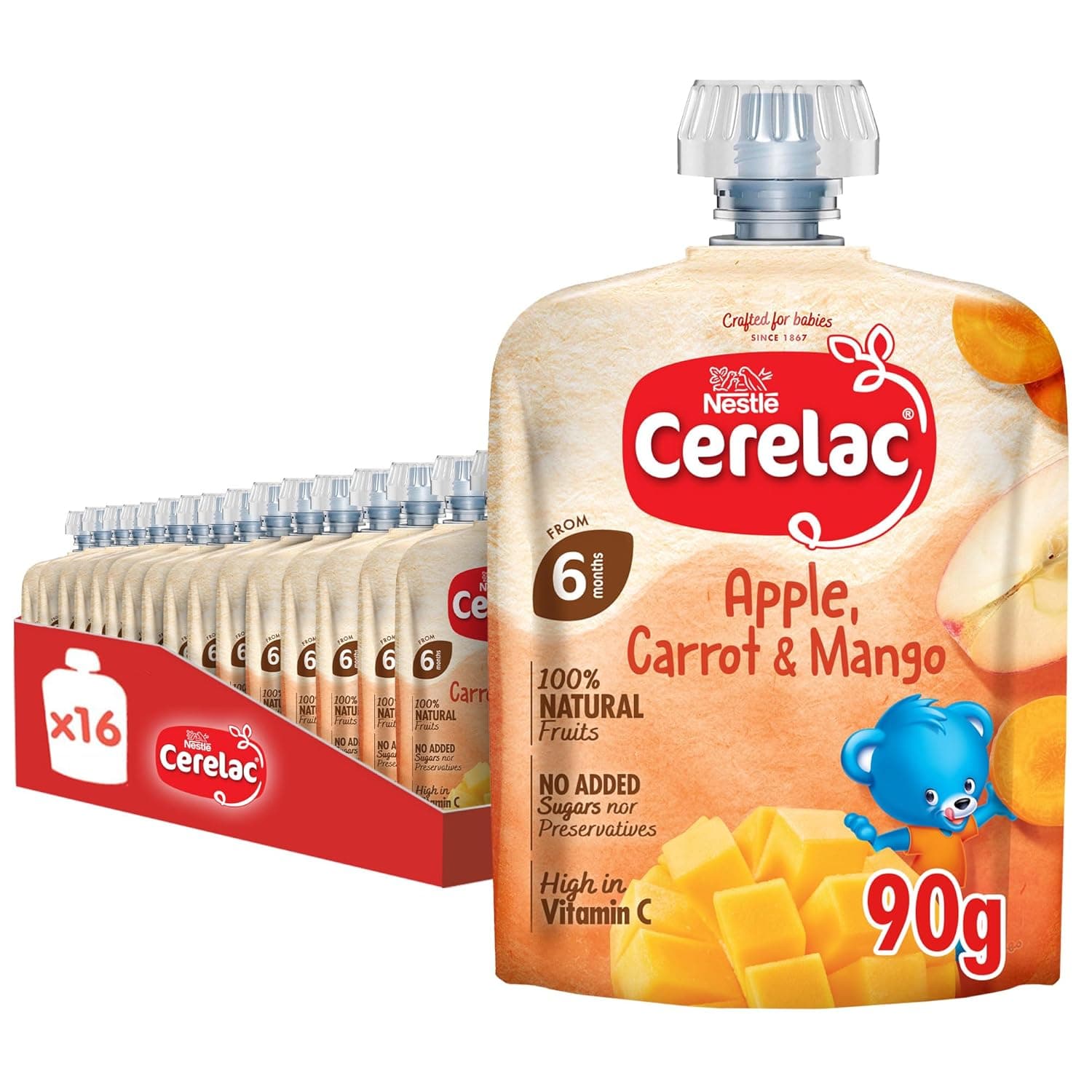 Cerelac Apple, Carrot & Mango, 100% Natural Fruits, No Added Sugar, From 6 Months, Puree Pouch 90g (16 Pouches)