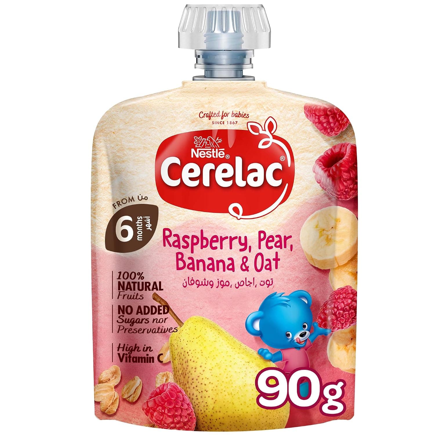 Nestle Cerelac Baby Food Raspberry, Pear, Banana & Oats puree pouch, High in Vitamin C, 100% Natural Fruits, No Added Sugars, No artificial flavors, No preservatives. 90G (6m+)