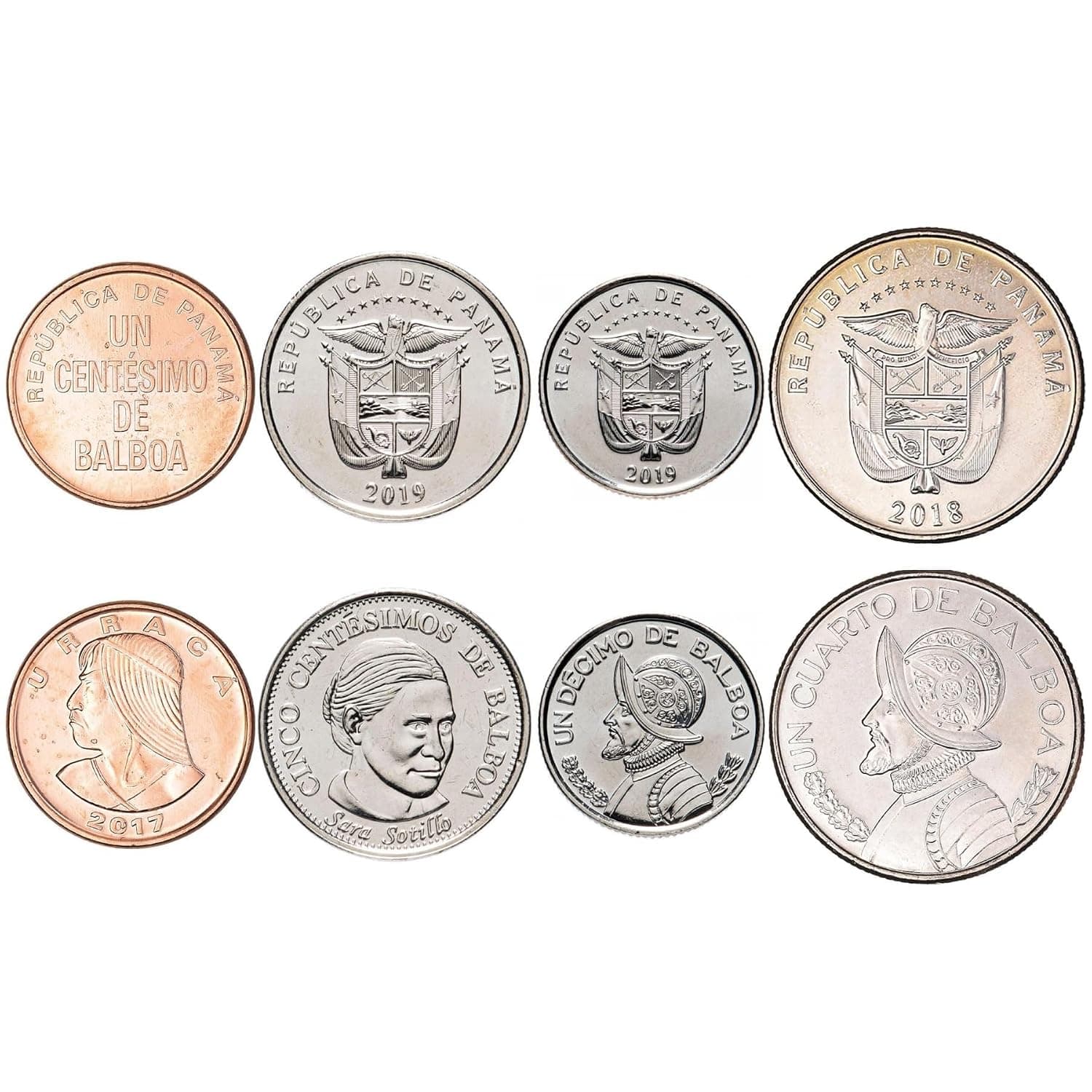 4 Coins from Panama | Panamanian Coin Set Collection 1 5 Centesimos 1/10 1/4 Balboa | Circulated 2017-2019 | Urraca | Sara Sotillo | Vasco Núñez De Balboa
