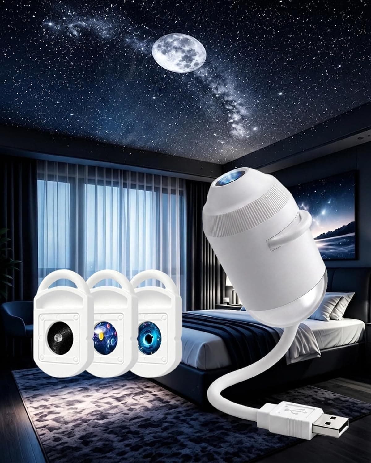 Plug and Play HD Star Projector, USB Galaxy Night Light (3 Films) | 24 Interchangeable Films, Adjustable Focus, 360° Flexible Neck, Usb Power, Slide Drawer, Projects Stars, Oceans And Scenes