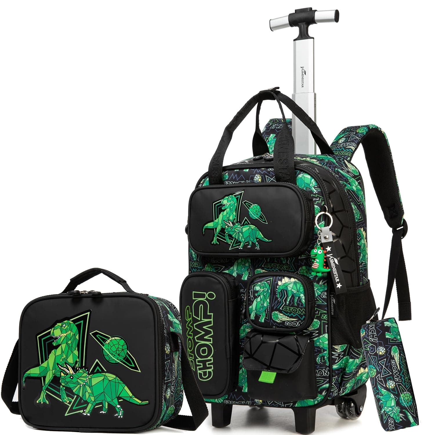 HTgroce Girl's Primary School Bag on Wheels Girl's Lunch Bag Pencil Case, B-Dinosaur, 45 cm x 30 cm x 20 cm, Casual