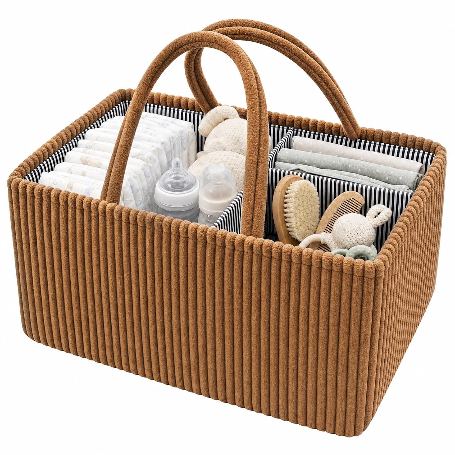 Nappy Caddy Organiser Baby Foldable Nursery Storage Basket Newborn Essential Baby Shower Present for Boy or Girl Car Diaper Caddy Corduroy for Changing Table(Dark brown)