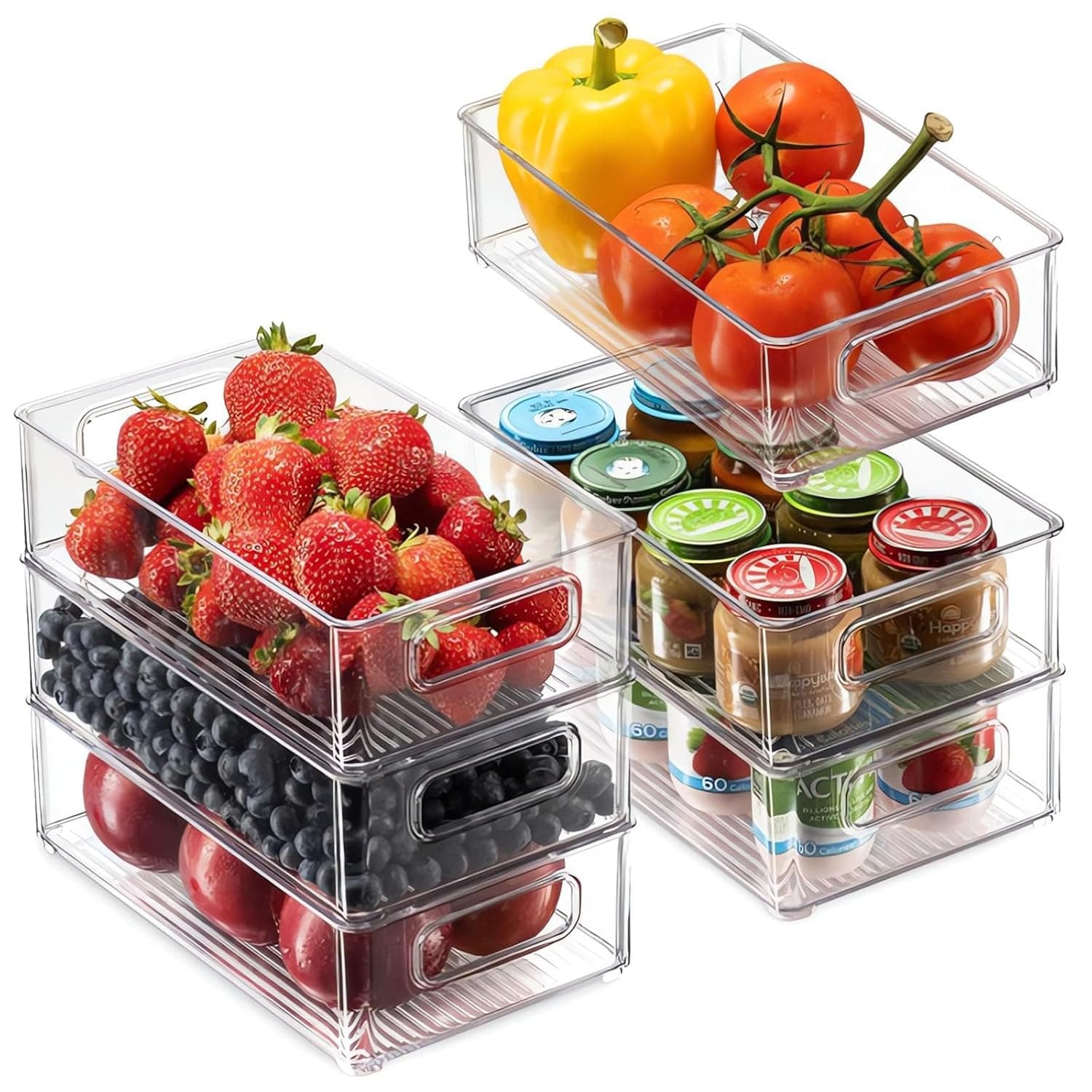 Stackable Refrigerator Organizer, Set of 6 Clear Kitchen Organizers, Refrigerator Pantry Organizer, Kitchen Food Storage Containers for Pantry, Cabinets, Shelves, Drawers, Refrigerator