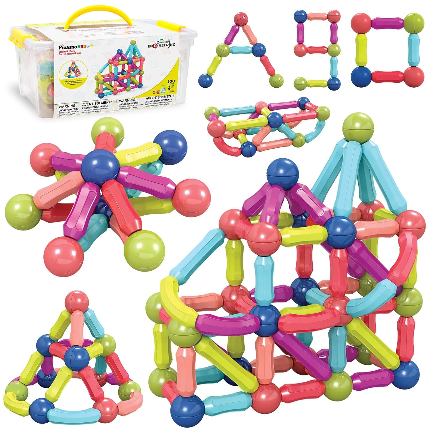 PicassoTiles 100 PCs Magnetic Building Stick Block Construction Set with Storage Bin Colorful 3D STEM Toy Blocks Bar Balls & Rods Montessori Educational for All Ages Puzzle Toy for Boys & Girls PTX100
