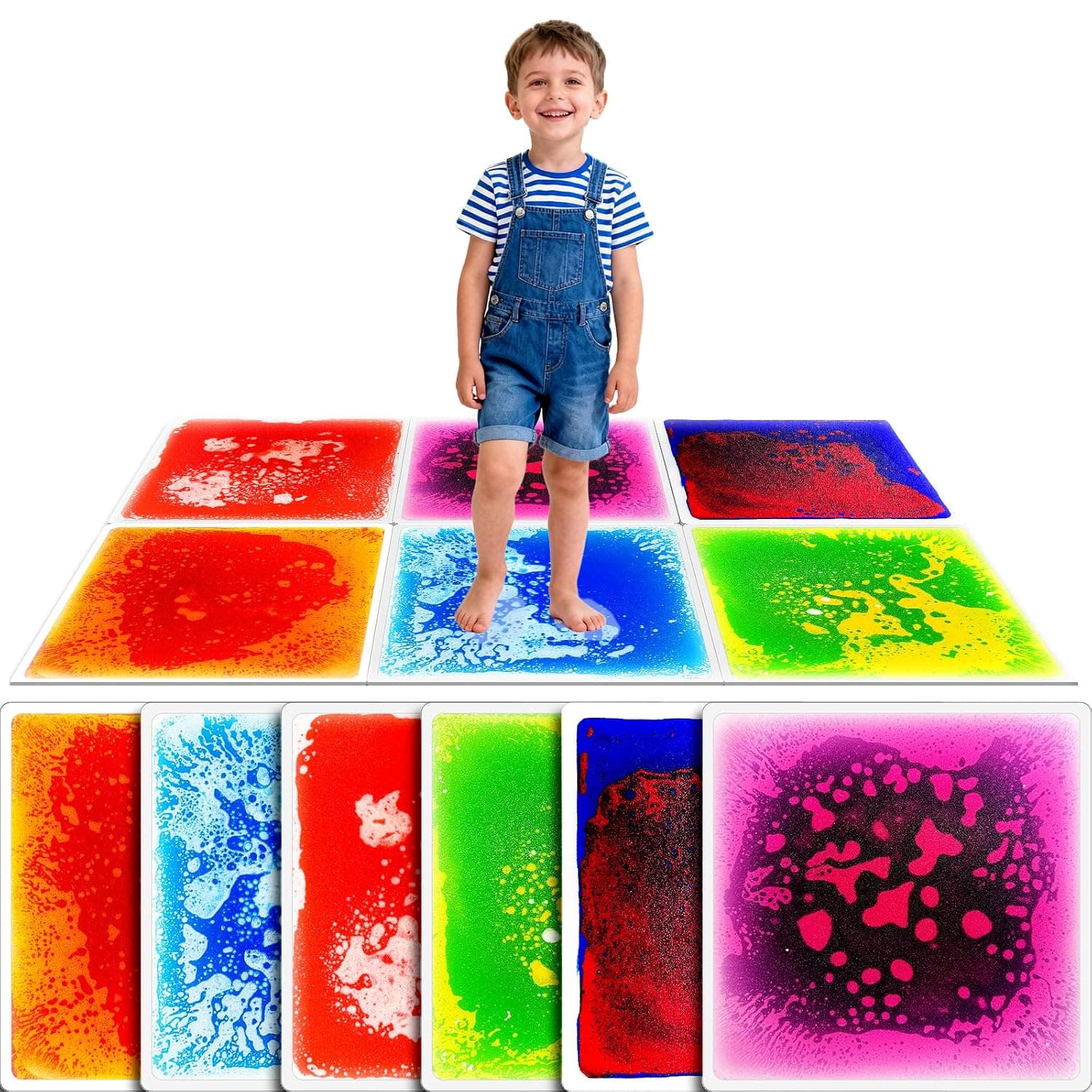 Toddler Sensory Liquid Floor Mats - 6-Piece Puzzle Play Mat Pack 12" x 12" | Square Liquid Play Mat for Autism, Lava Brick Dance Step Mats, Montessori Gross Motion Toys for Preschool Classrooms