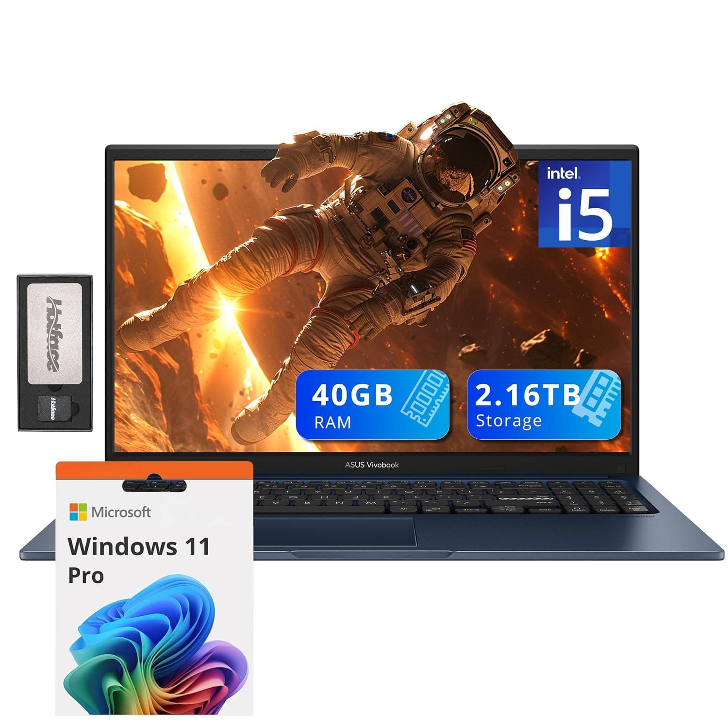ASUS Vivobook 15.6" FHD Laptop, Intel i5-1235U, 40GB DDR4 RAM, 2.16TB Storage (2TB SSD+160GB Docking Station Set), Intel Iris Xe Graphics, Number Pad, WiFi 5, Win 11 Pro, Quiet Blue