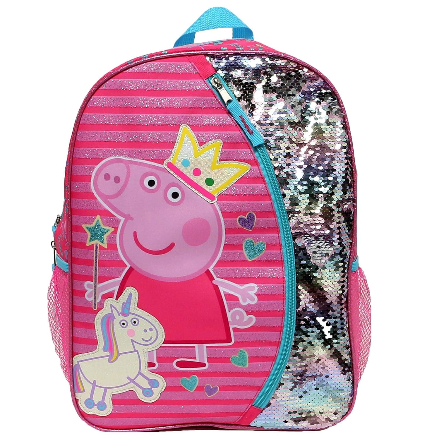 Peppa Pig Glitter Brush Sequin Backpack for Girls, Schoolbag for Toddlers with Front and Mesh Side Pockets, Bookbag with Padded Back and Adjustable Shoulder Straps, Lightweight Travel Bag for Kids
