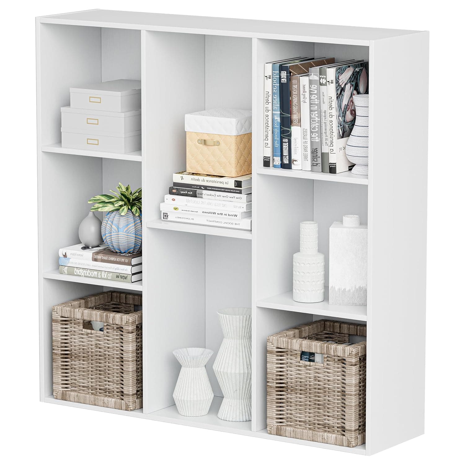 11in Cube Storage Organizer with Closed Back - Wooden Bookshelf Display Cubes for Home, Office, Closet Cabinet Organizer Shelf (White, 8 Cube)